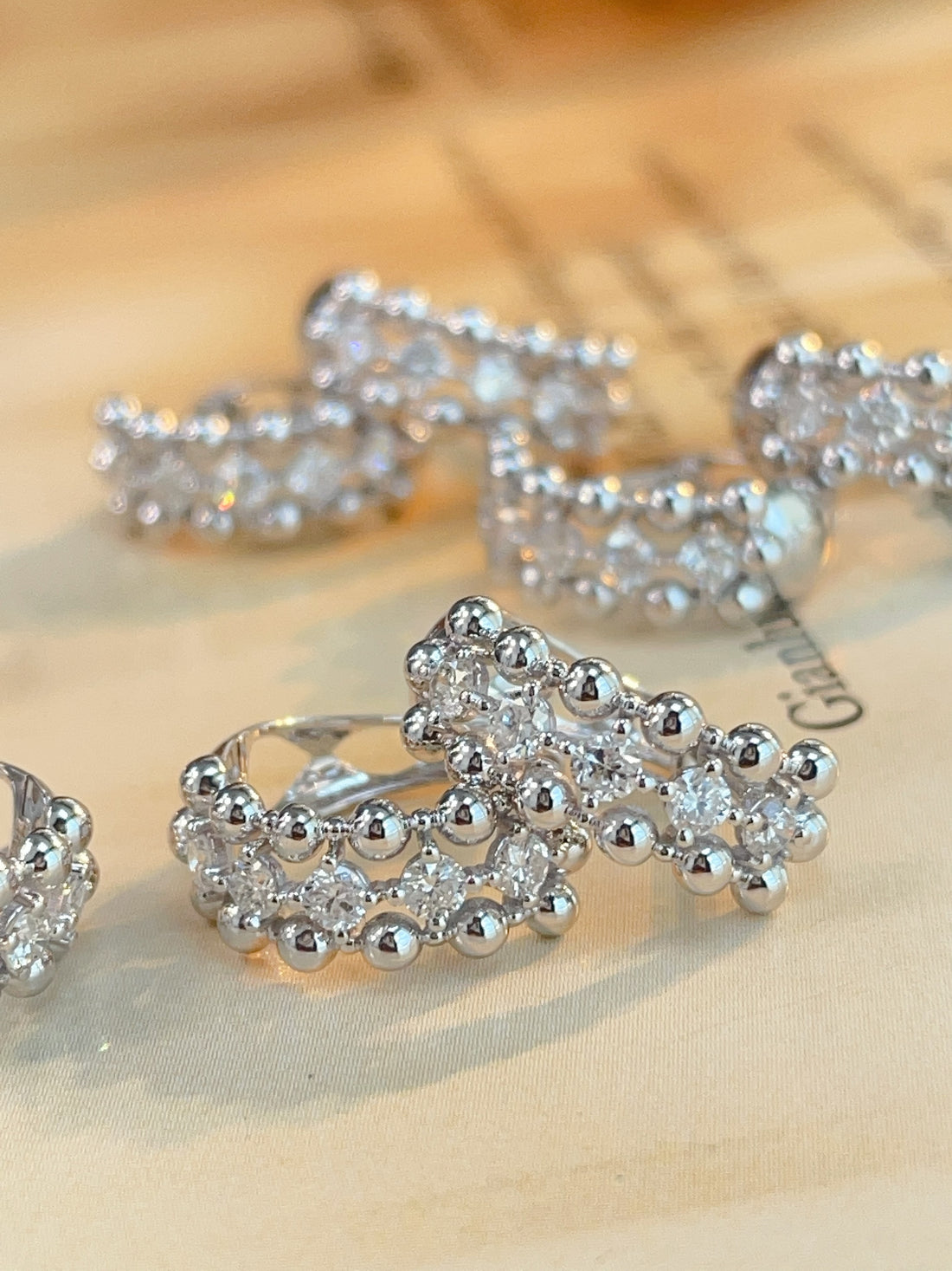 Diamond Cluster Huggie Earrings with Beaded Detail