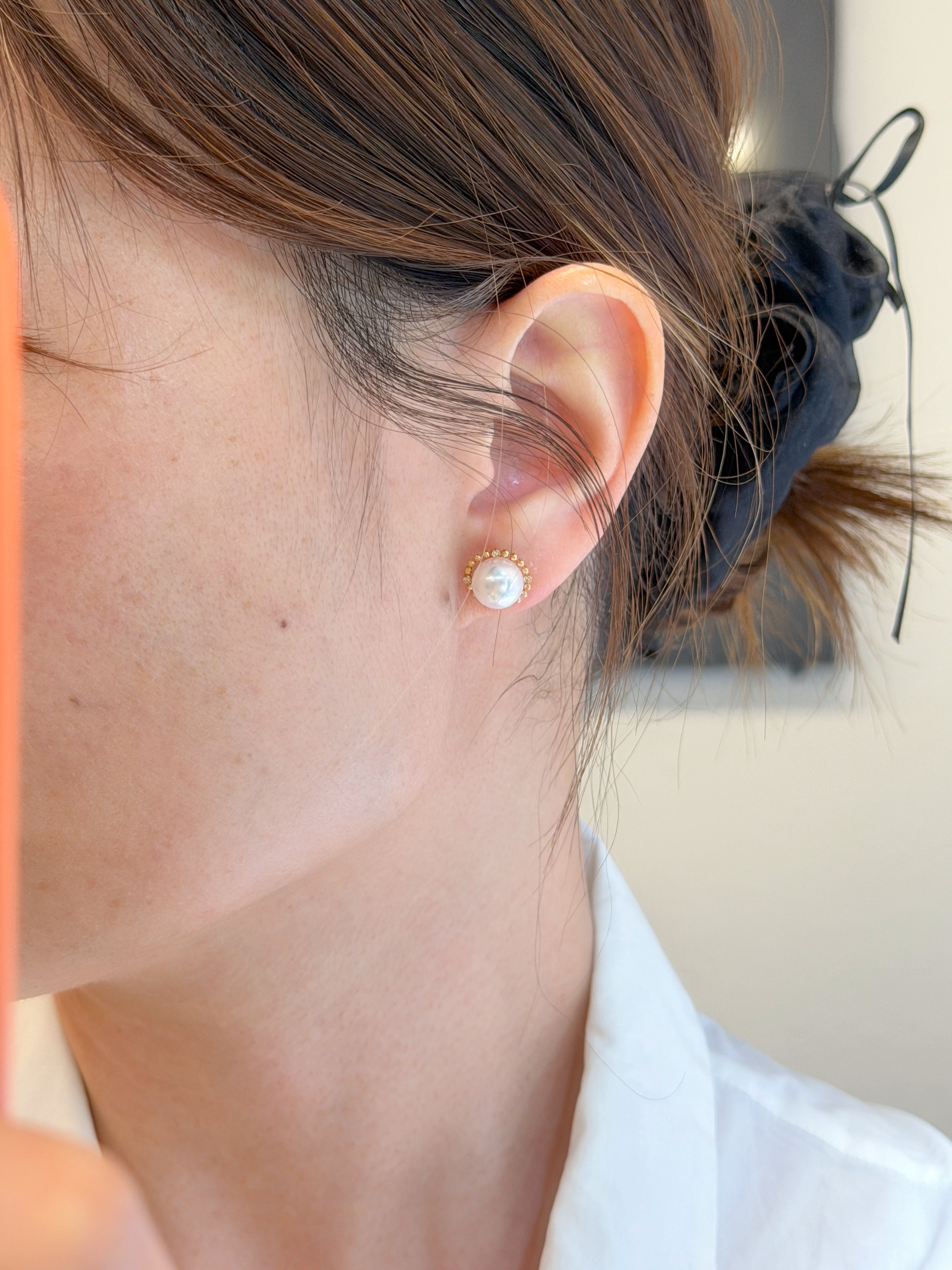 K18 Gold Beaded Diamond Akoya Pearl Stud Earrings