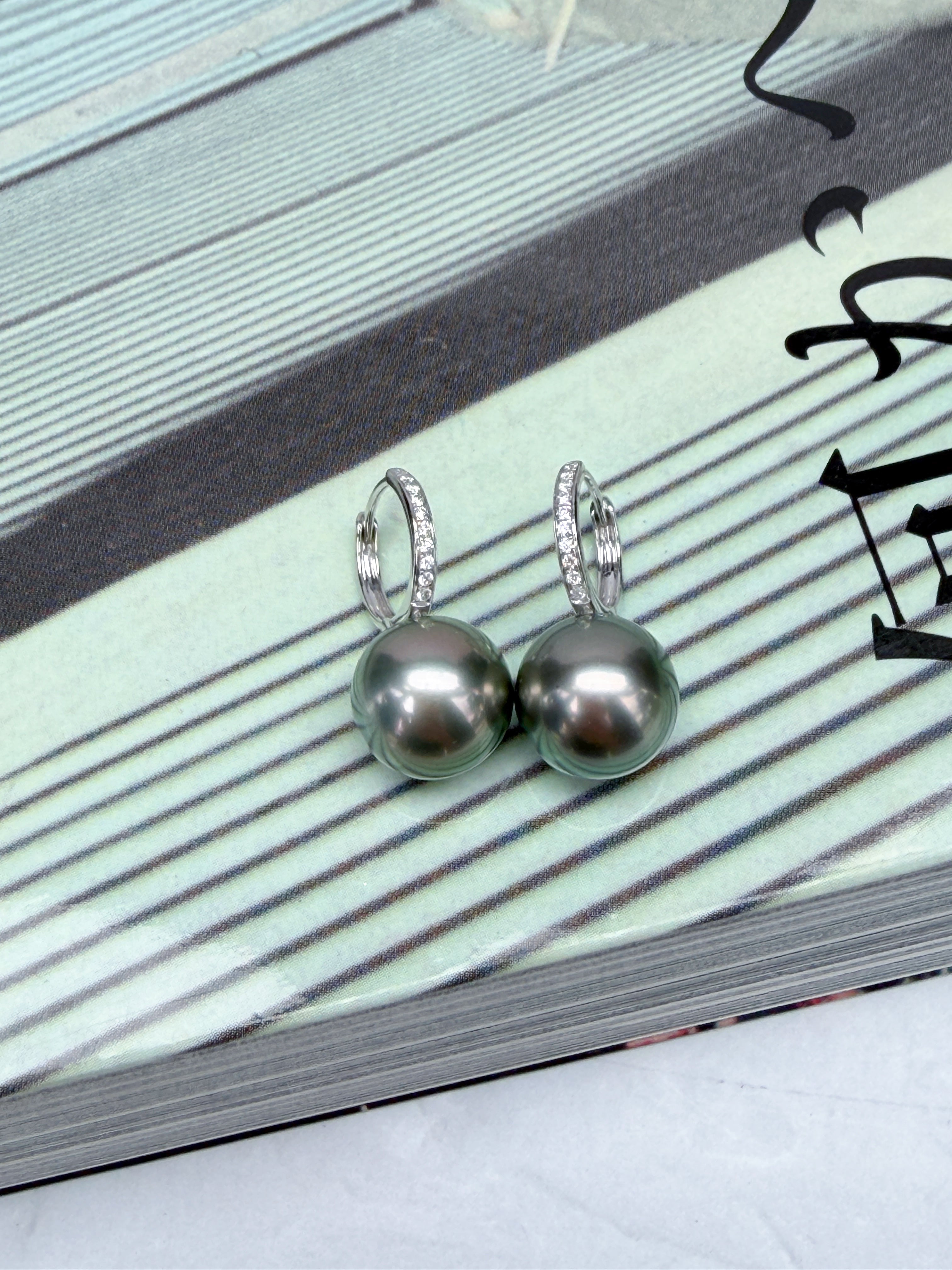 Tahitian Pearl Diamond Hoop Earrings