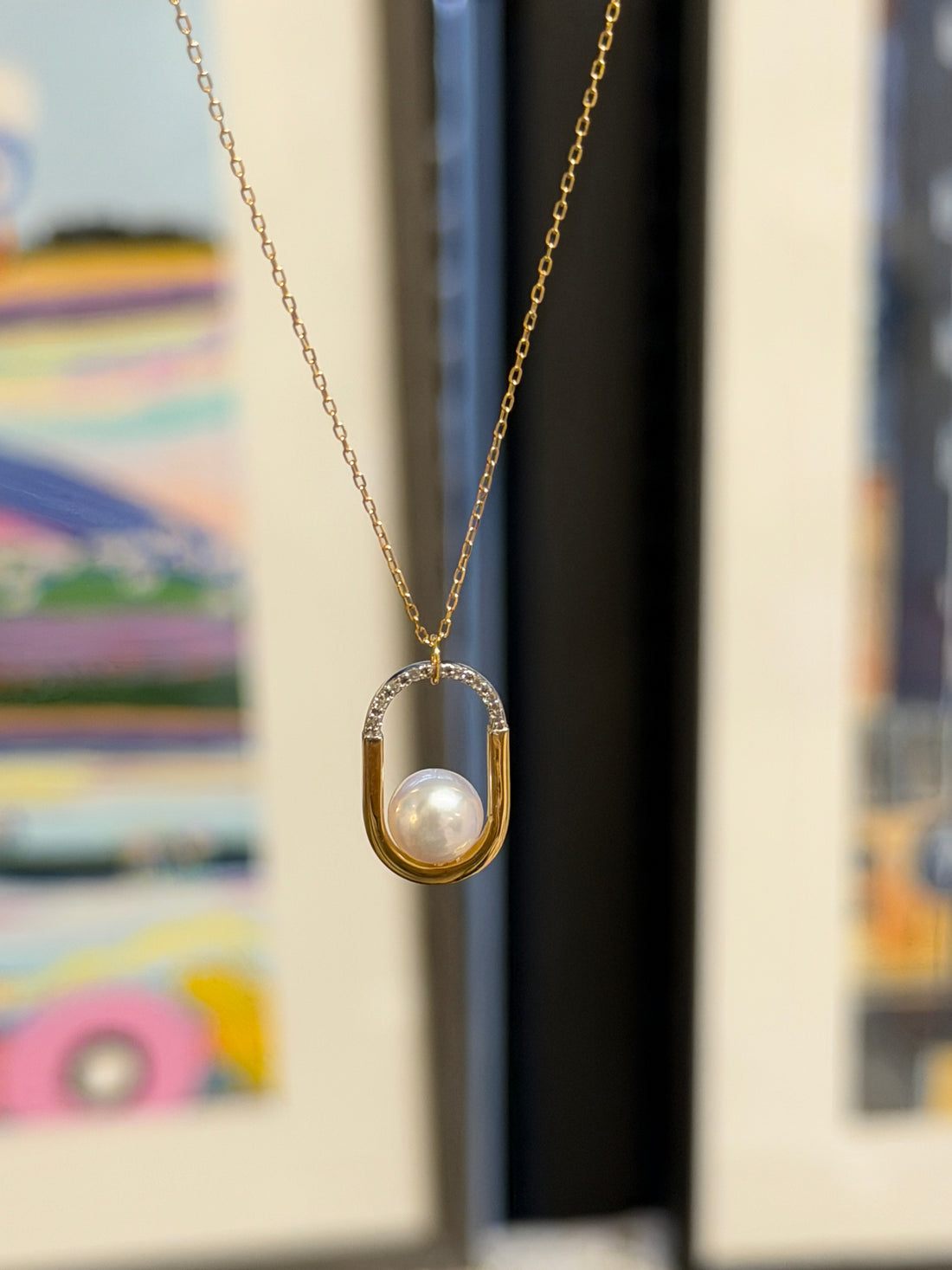 Akoya Pearl Diamond Oval Link Pendant Necklace