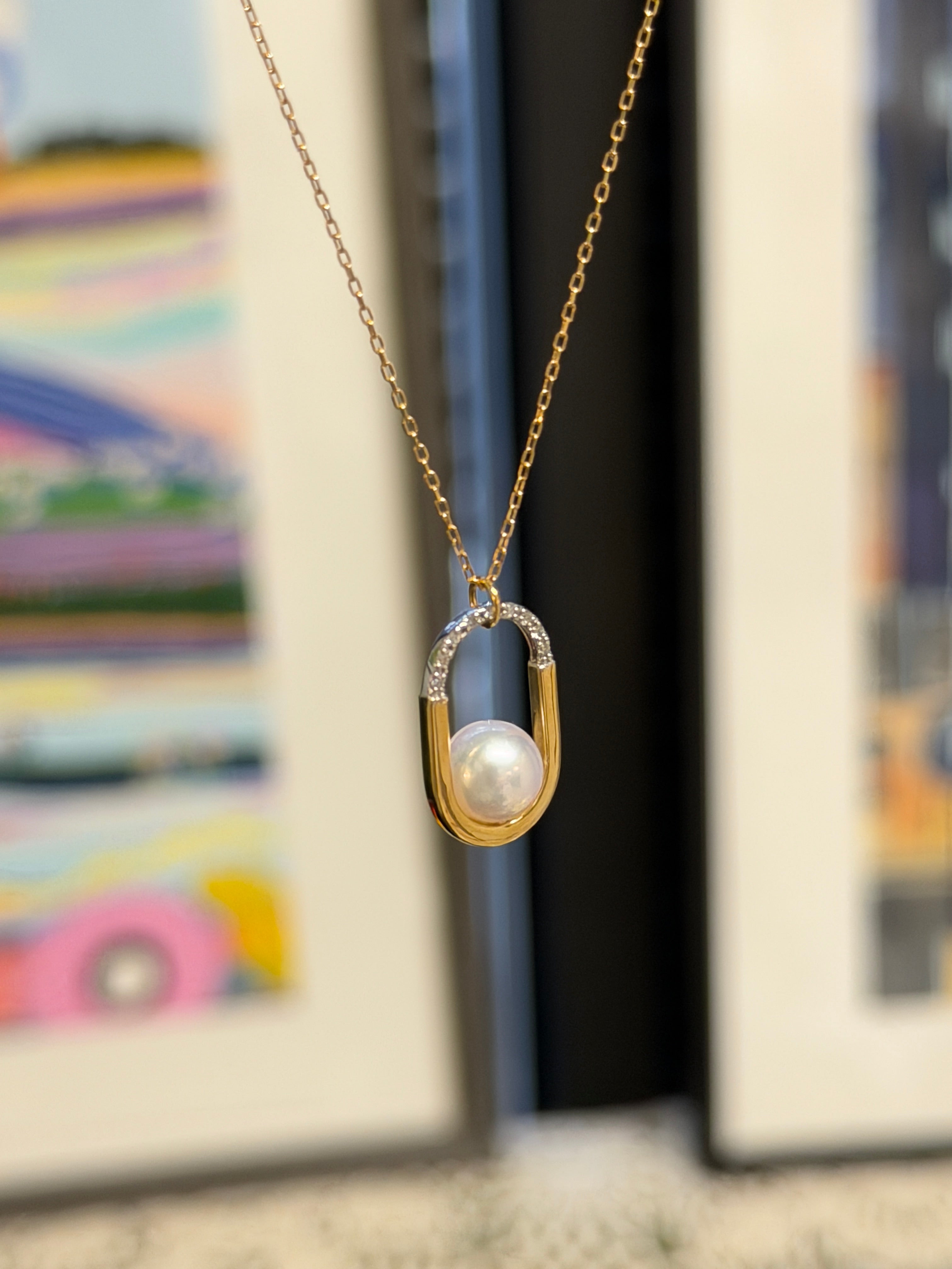 Akoya Pearl Diamond Oval Link Pendant Necklace