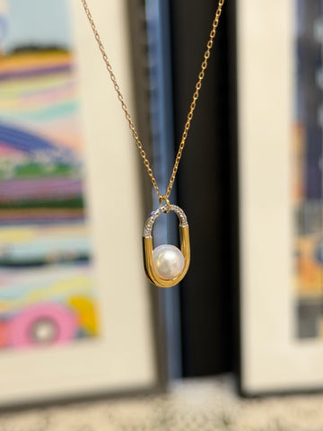 Akoya Pearl Diamond Oval Link Pendant Necklace