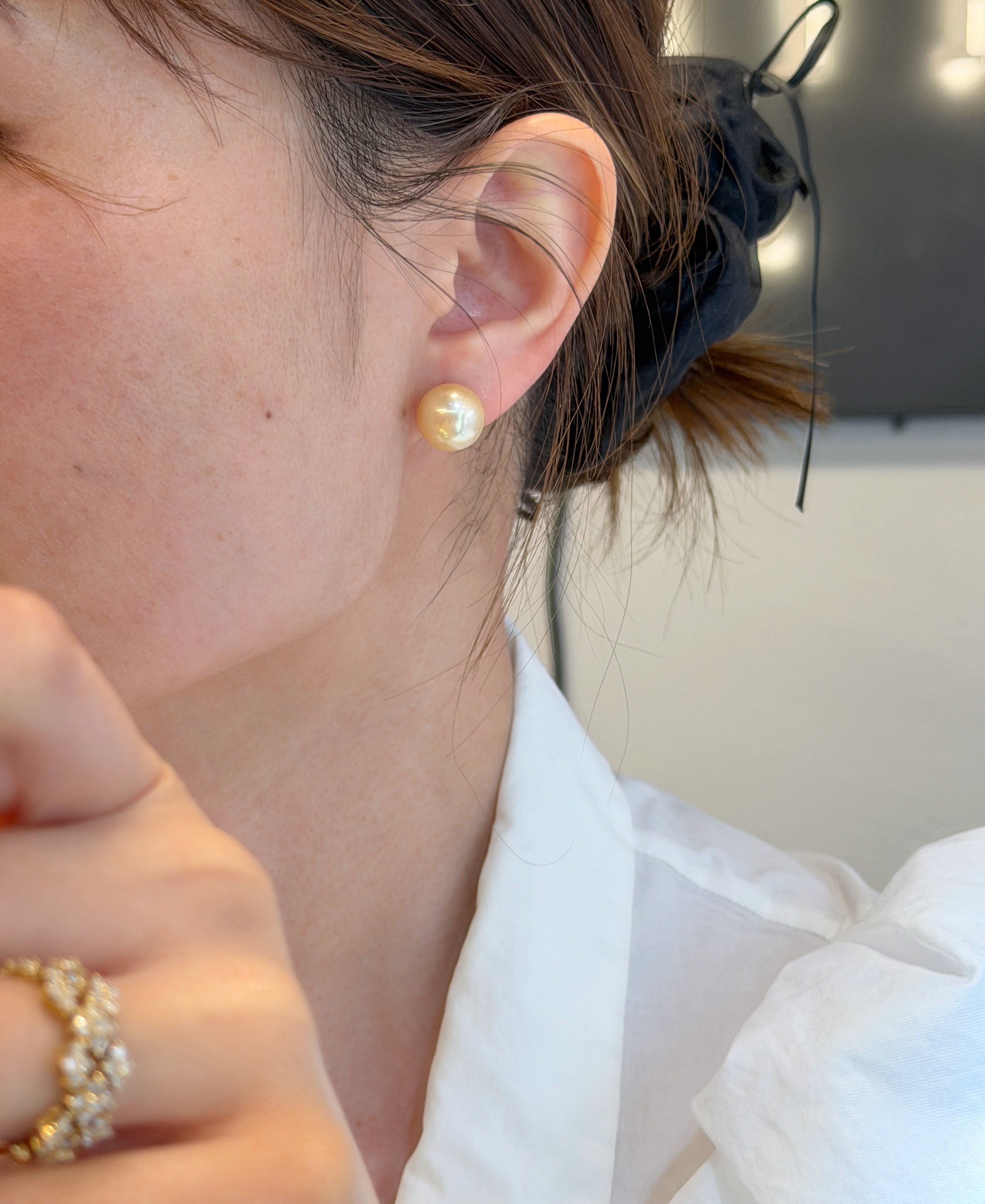 12.4mm Light Golden South Sea Pearl Stud Earrings in K18 Gold