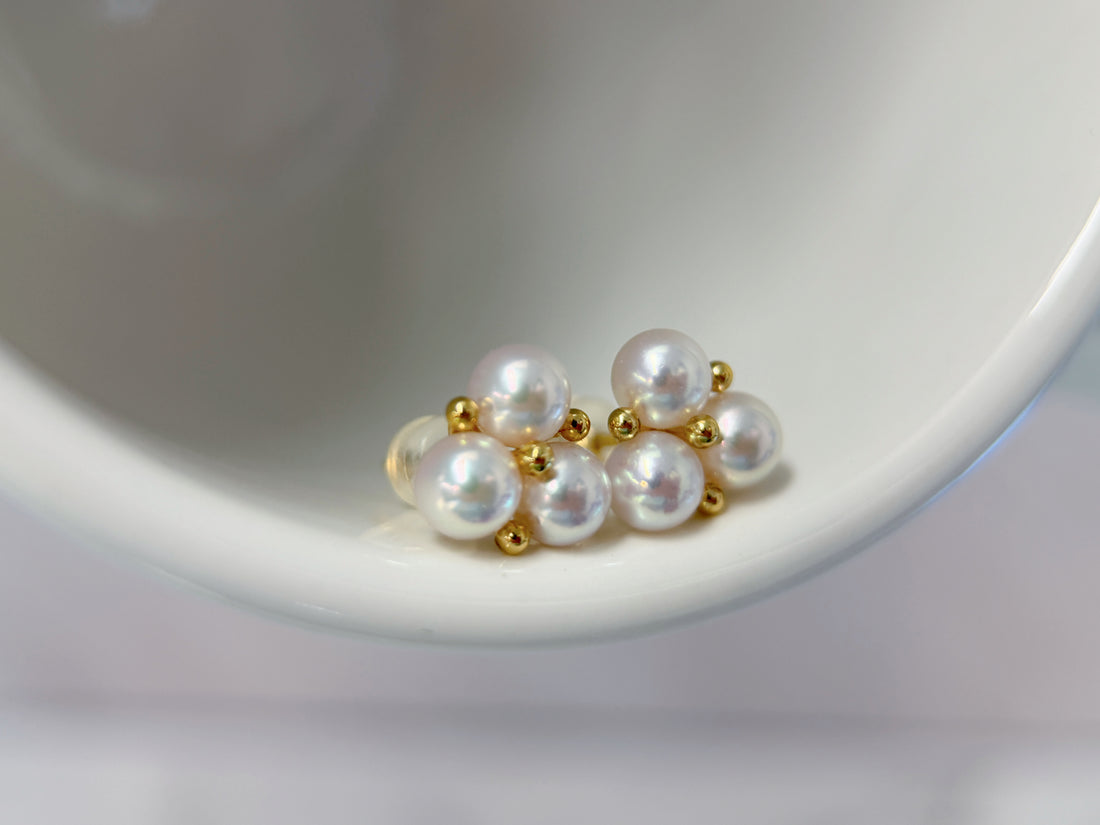 5-5.5mm K18 Yellow Gold Akoya Pearl Cluster Stud Earring