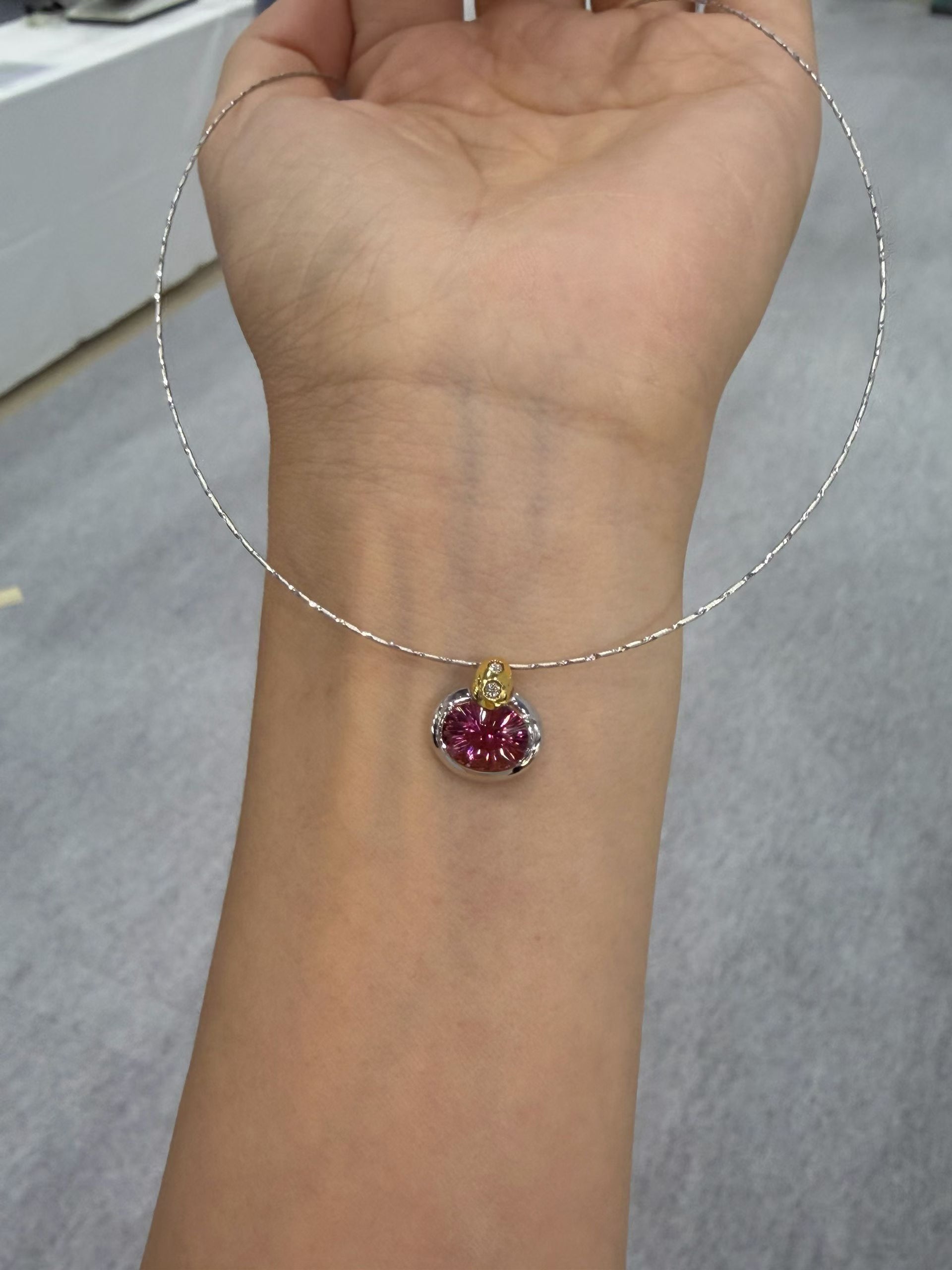 18K Two‑Tone Gold Concave‑Cut Pink Tourmaline with Diamond Accent on Neck Wire