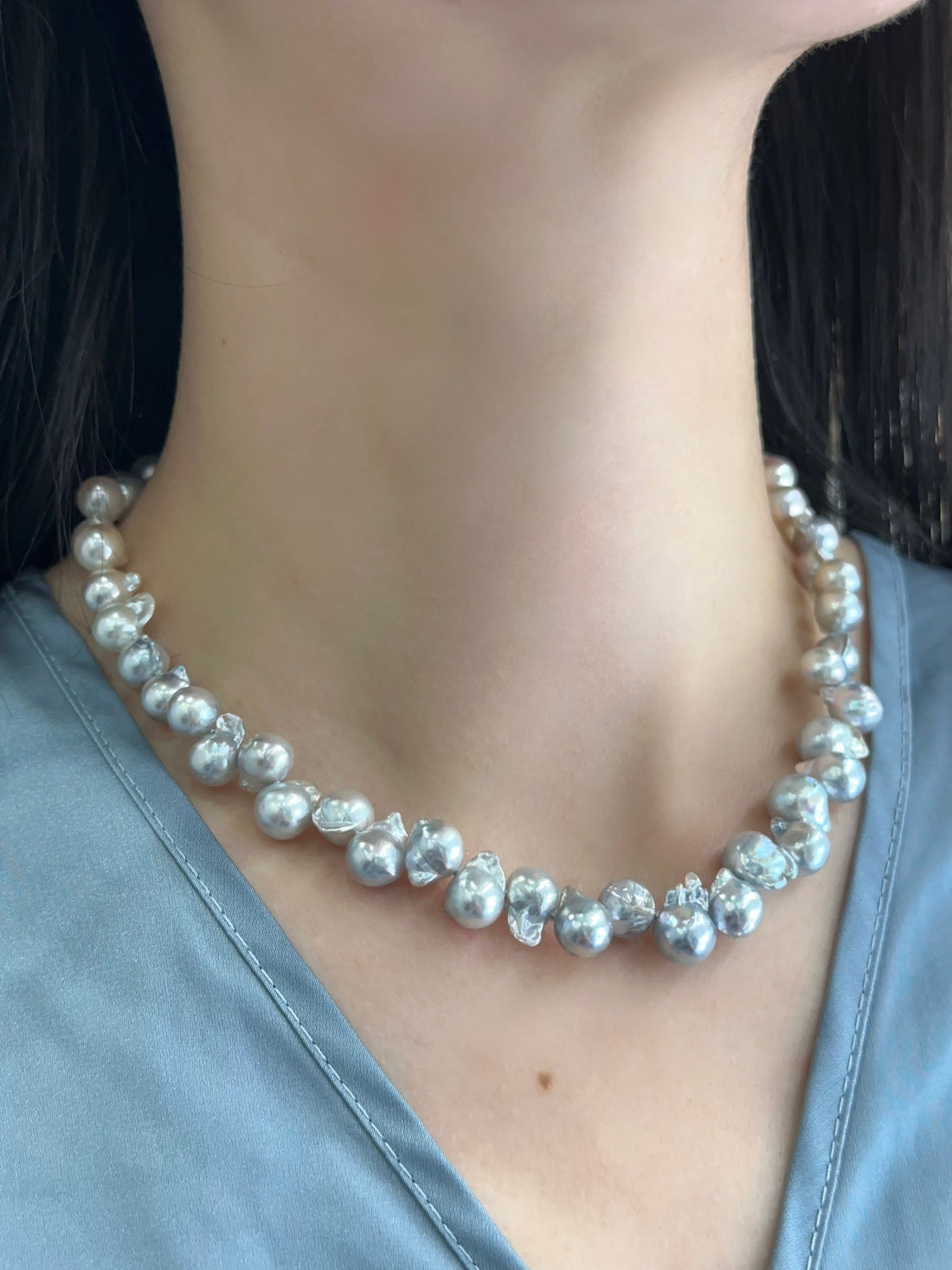 Natural Color Akoya Pearl Necklace, Untinted White & Blue Tones