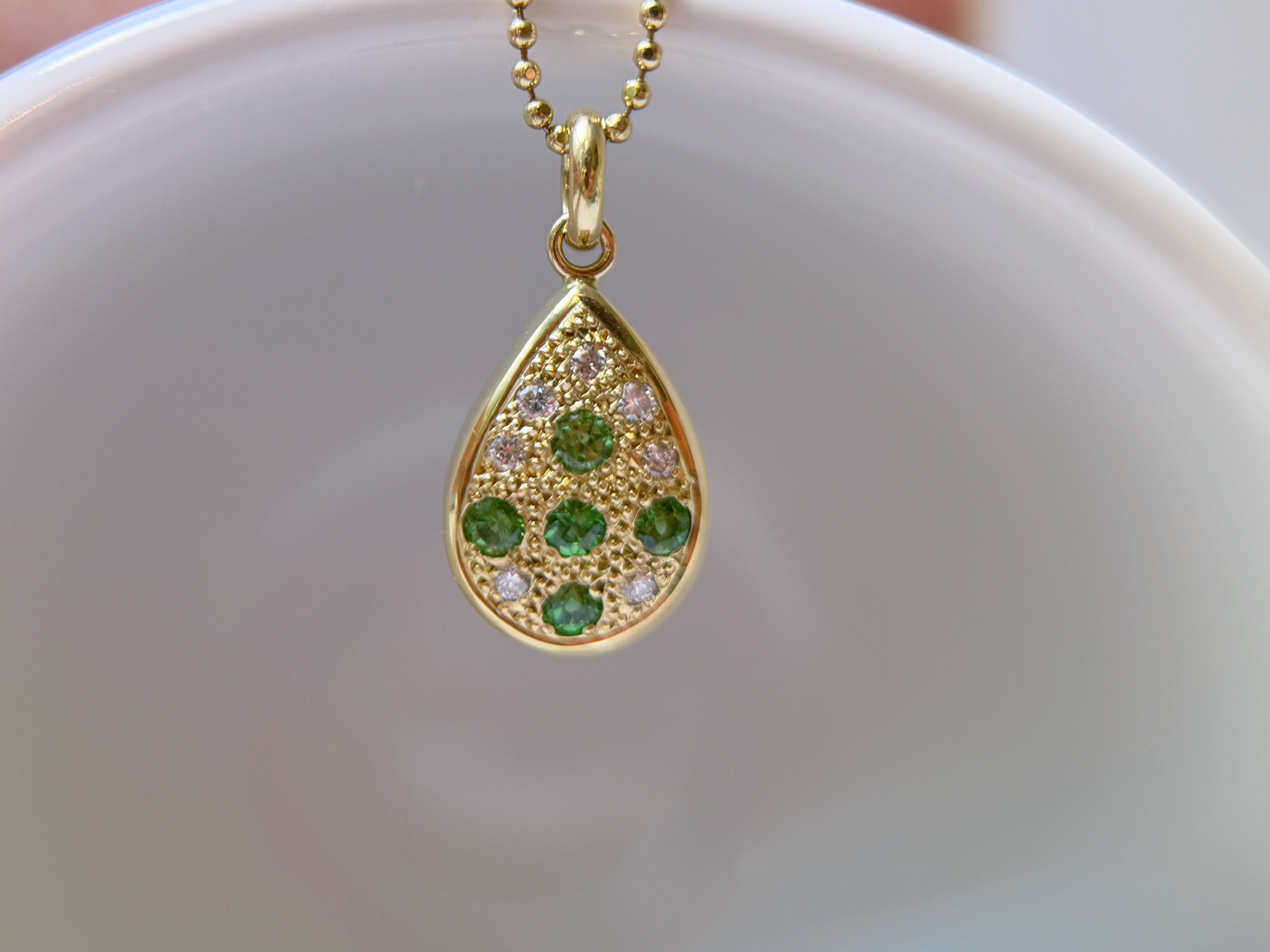 K18 Gold Green Garnet & Diamond Teardrop Necklace
