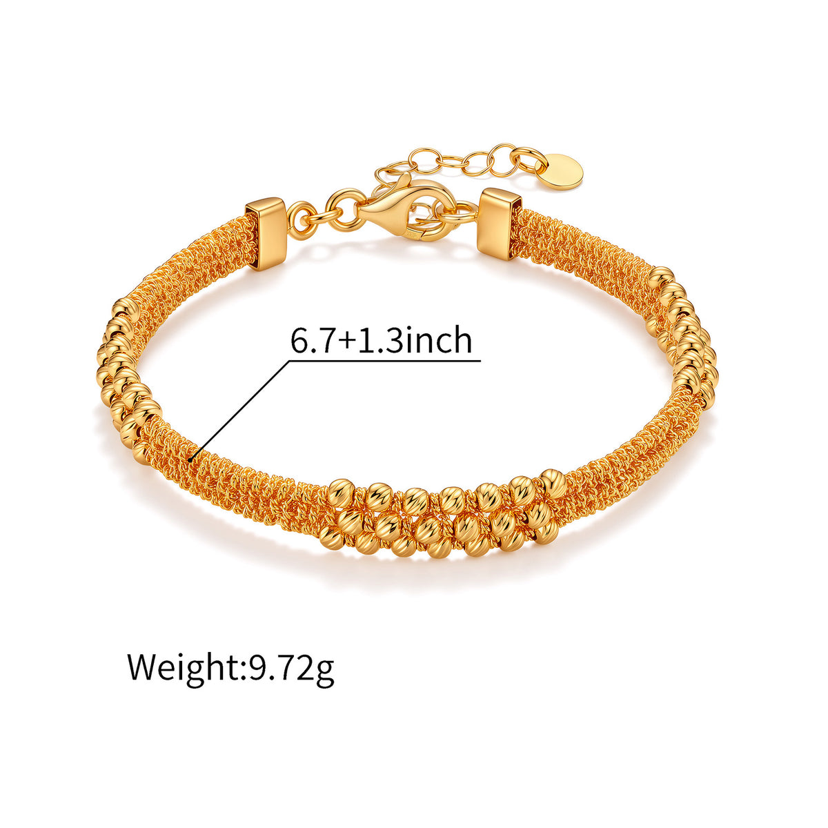 18K Solid Gold Textured Mesh Beaded Bracelet