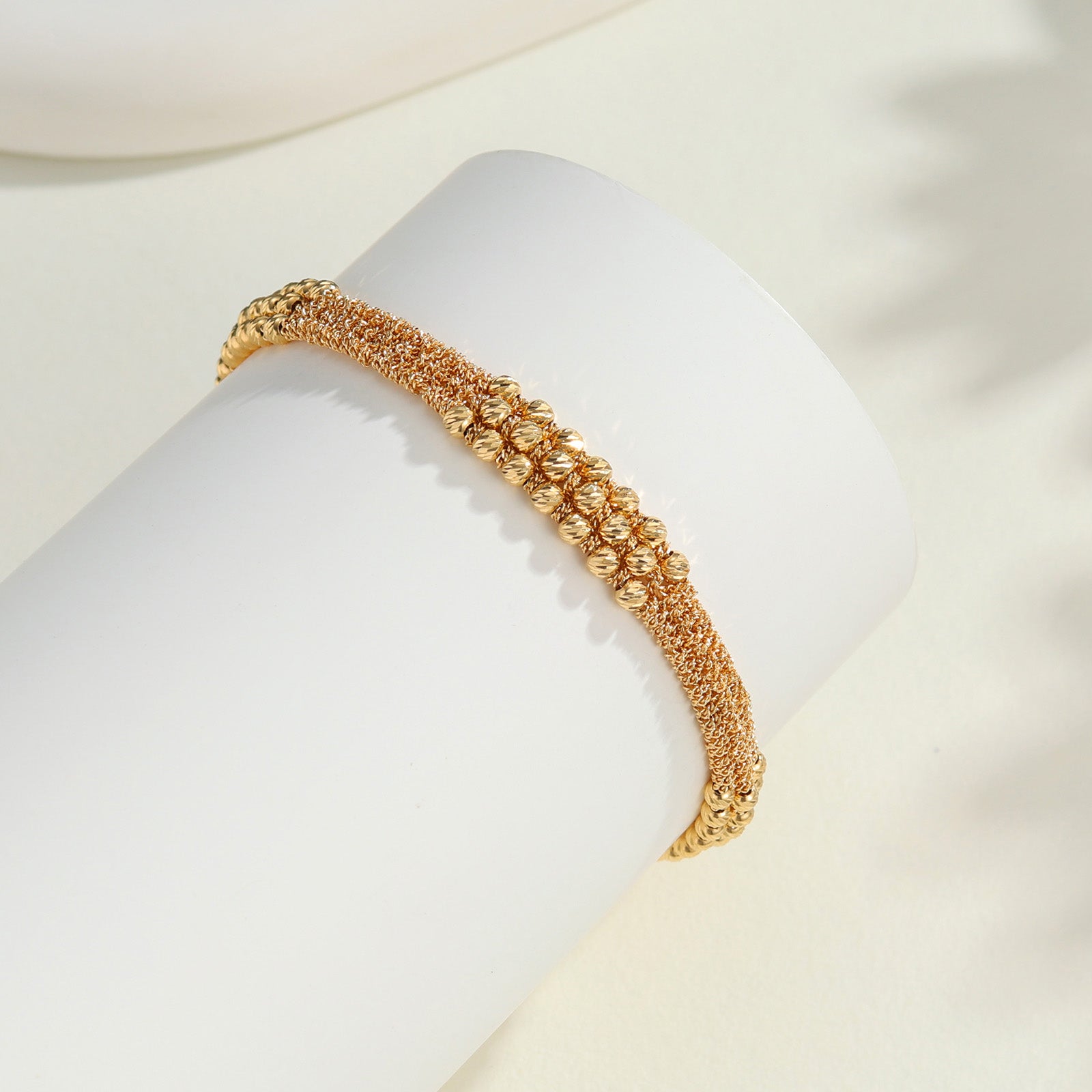 18K Solid Gold Textured Mesh Beaded Bracelet