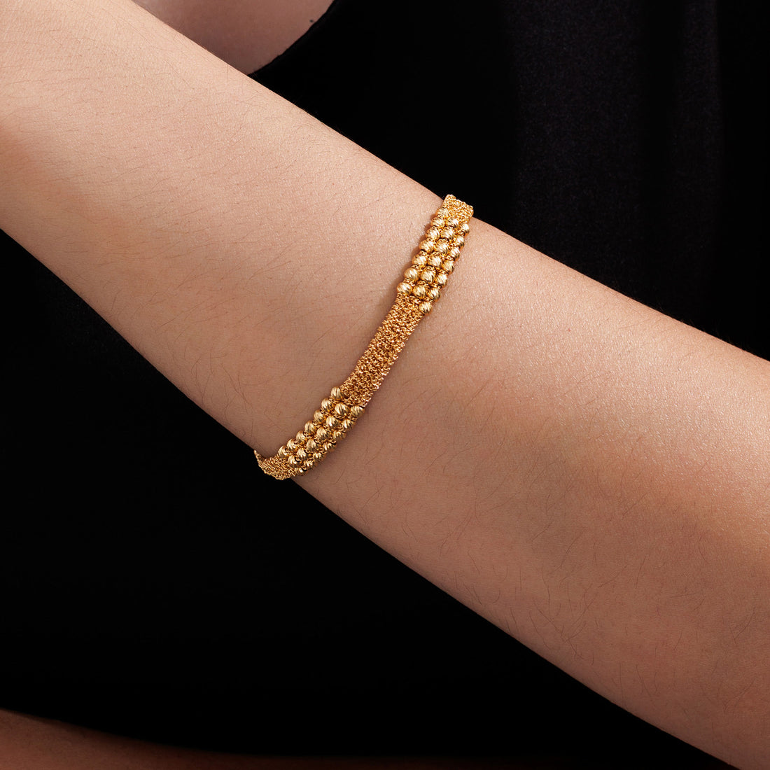 18K Solid Gold Textured Mesh Beaded Bracelet