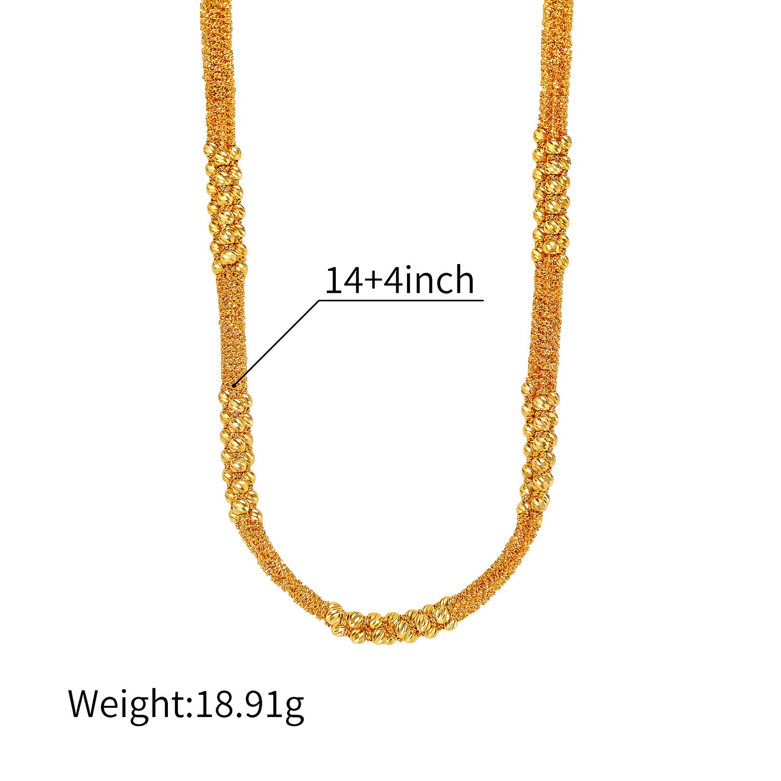 18K Solid Gold Textured Beaded Chain Necklace