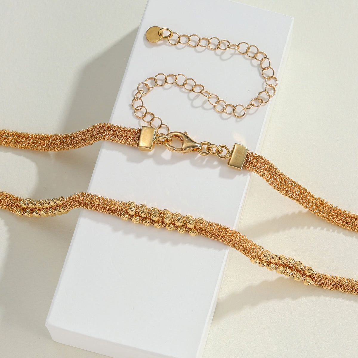 18K Solid Gold Textured Beaded Chain Necklace
