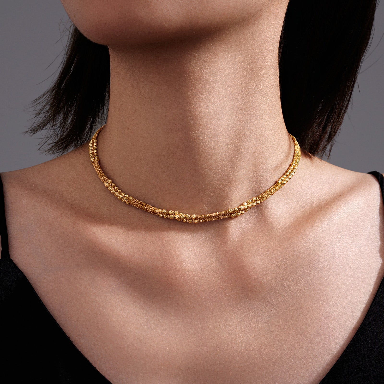 18K Solid Gold Textured Beaded Chain Necklace