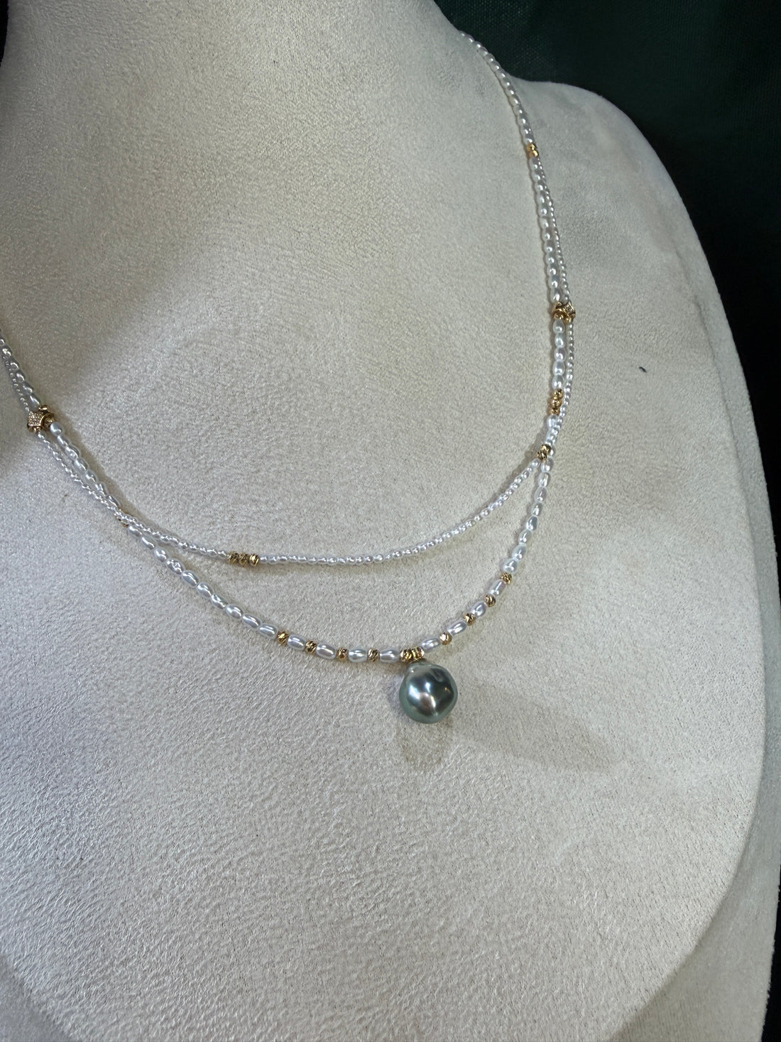 Akoya Keshi Double Strand Necklace with Tahitian Pearl Drop