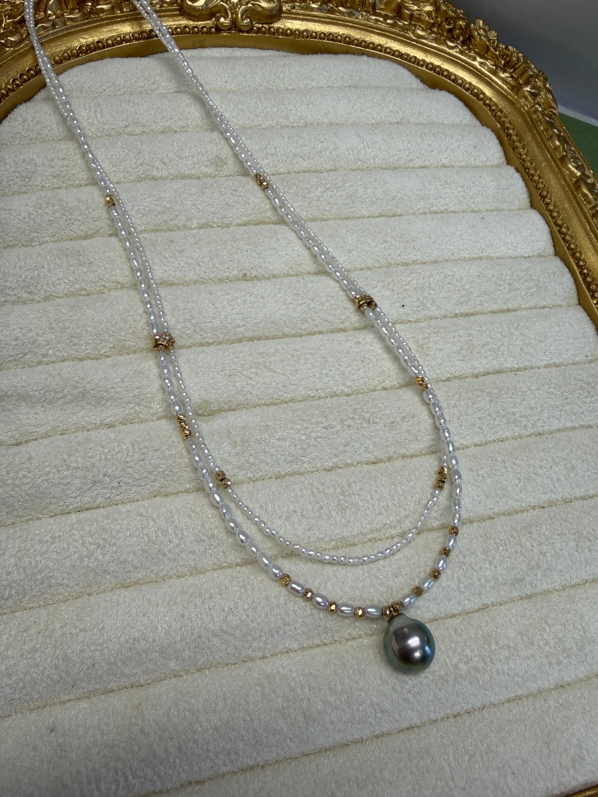 Akoya Keshi Double Strand Necklace with Tahitian Pearl Drop