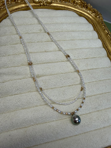 Akoya Keshi Double Strand Necklace with Tahitian Pearl Drop
