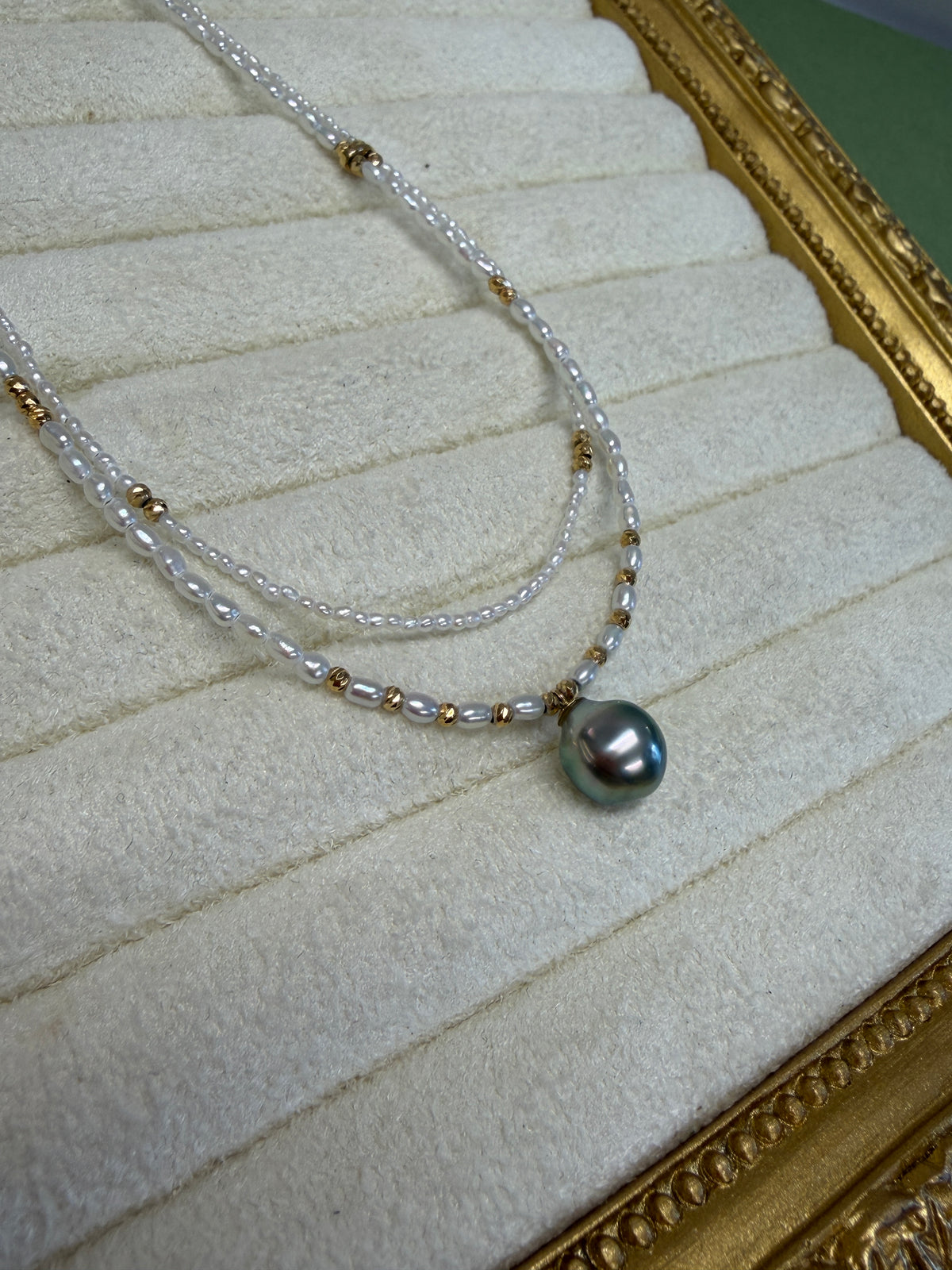 Akoya Keshi Double Strand Necklace with Tahitian Pearl Drop