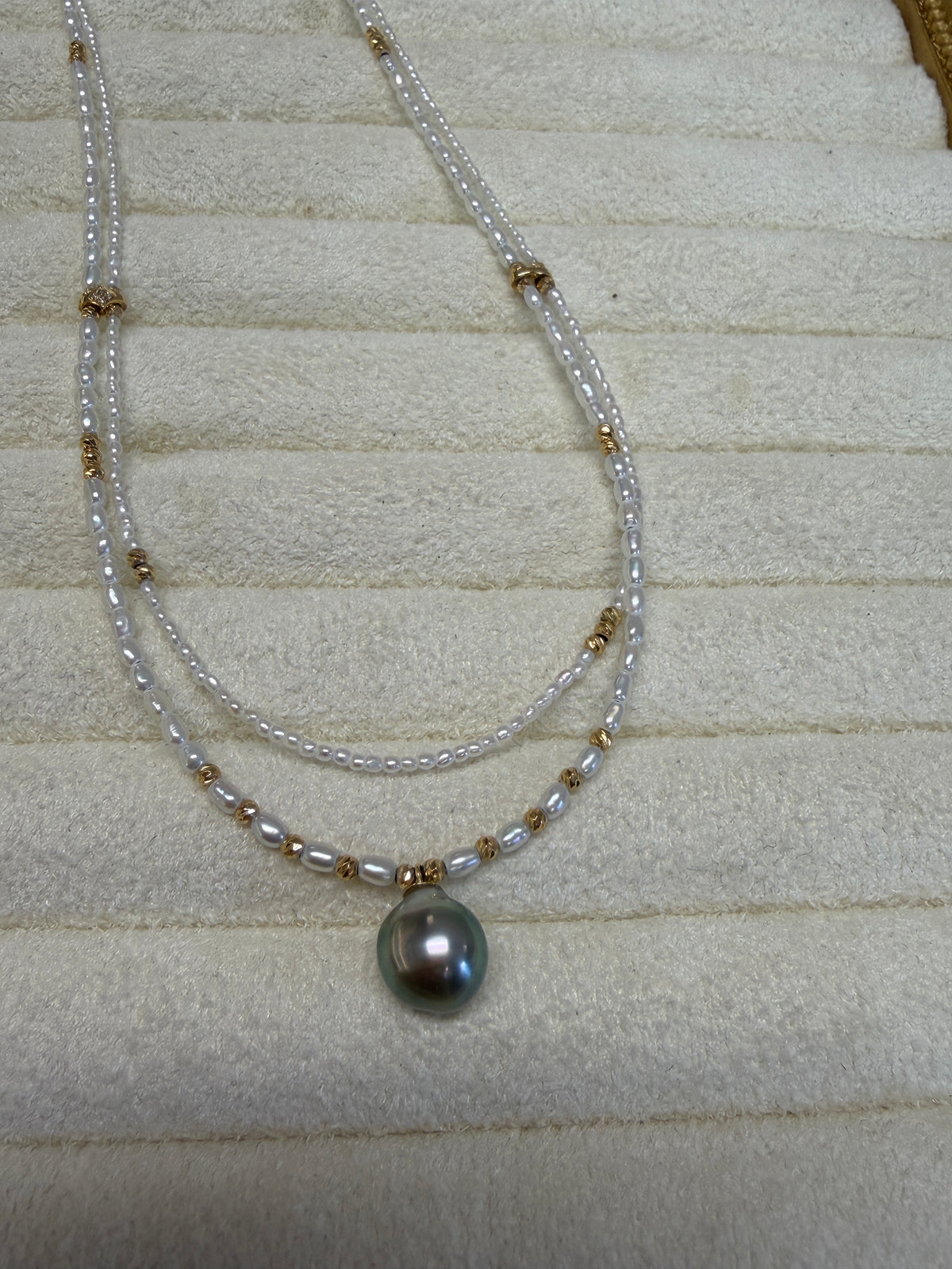 Akoya Keshi Double Strand Necklace with Tahitian Pearl Drop