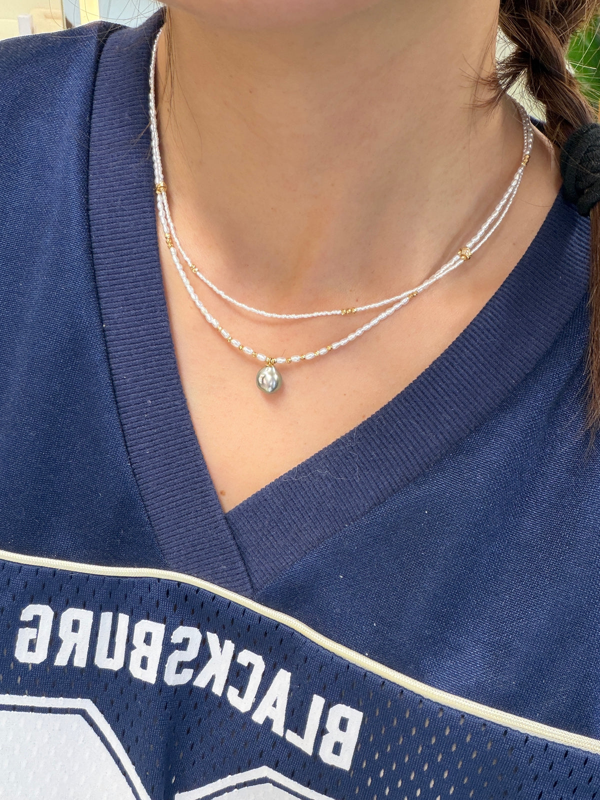 Akoya Keshi Double Strand Necklace with Tahitian Pearl Drop