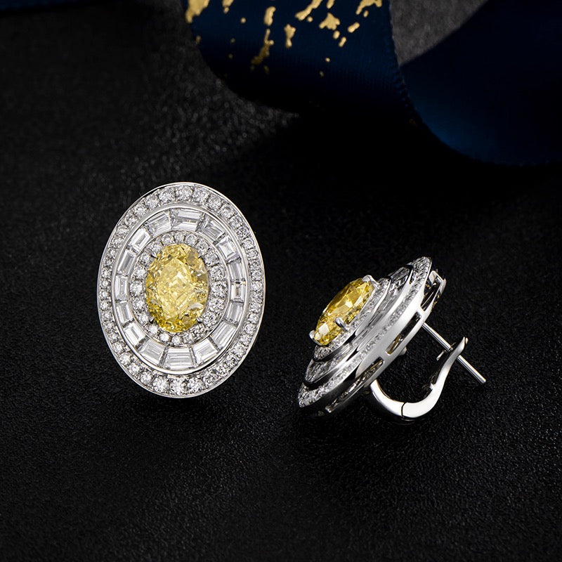 8.05CT Certified Oval Fancy Yellow Halo Lab‑Grown Diamond Clip‑On Earrings in PT900