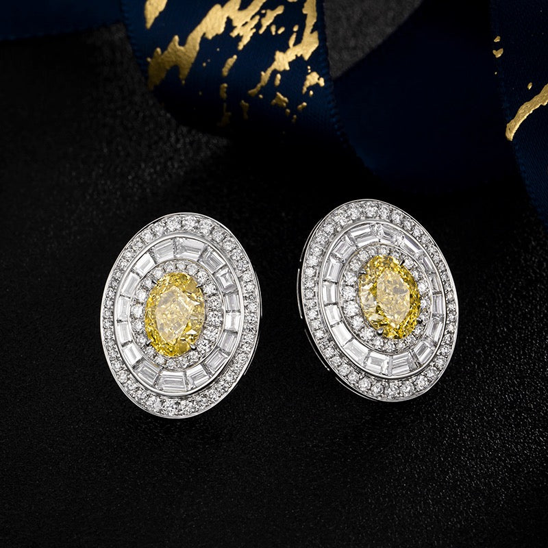 8.05CT Certified Oval Fancy Yellow Halo Lab‑Grown Diamond Clip‑On Earrings in PT900
