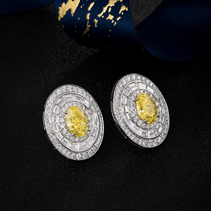 8.05CT Certified Oval Fancy Yellow Halo Lab‑Grown Diamond Clip‑On Earrings in PT900