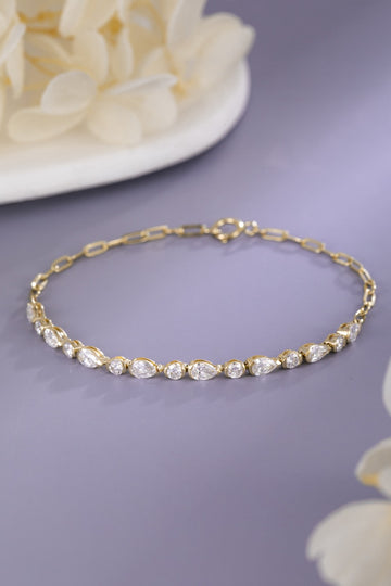 1.13CT Pear & Round Lab‑Grown Diamond Station Bracelet with Paperclip Chain in 14K