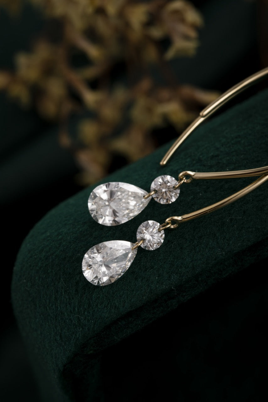 1.22CT Pear & Round Lab‑Grown Diamond Drop Open Wire Hoop Earrings in 14K