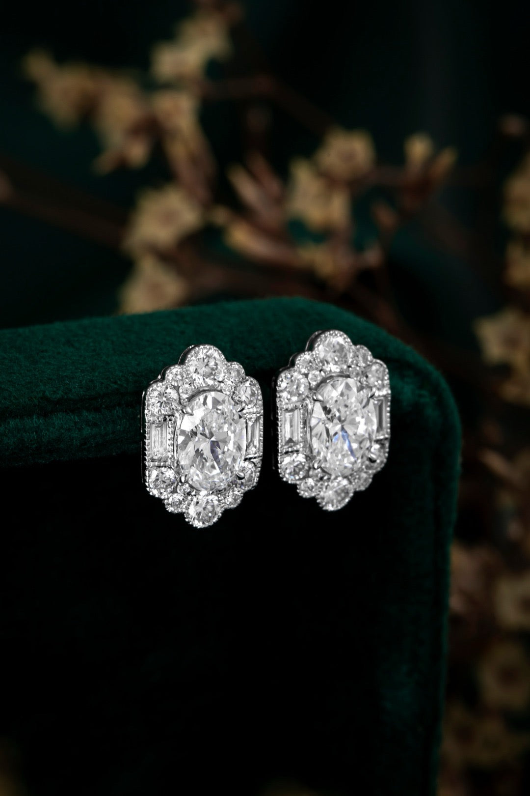 1.68CT Oval Lab‑Grown Diamond Art Deco Halo Stud Earrings in 10K