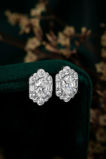 1.68CT Oval Lab‑Grown Diamond Art Deco Halo Stud Earrings in 10K