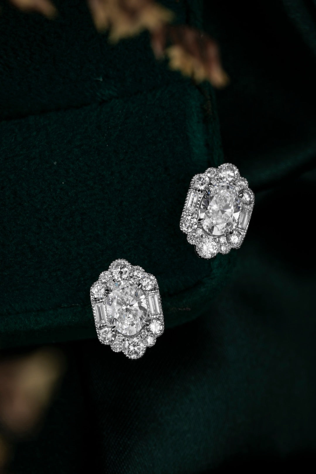 1.68CT Oval Lab‑Grown Diamond Art Deco Halo Stud Earrings in 10K