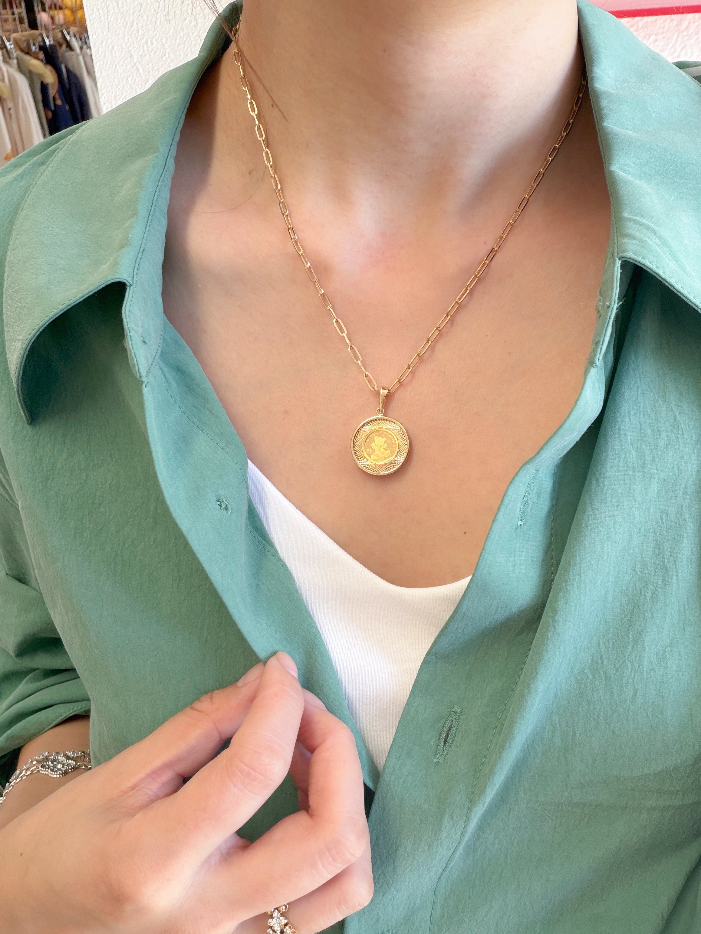 Royal Mint Teddy Bear 999.9 Fine Gold 12mm Coin Pendant Necklace, Limited Edition of 1000