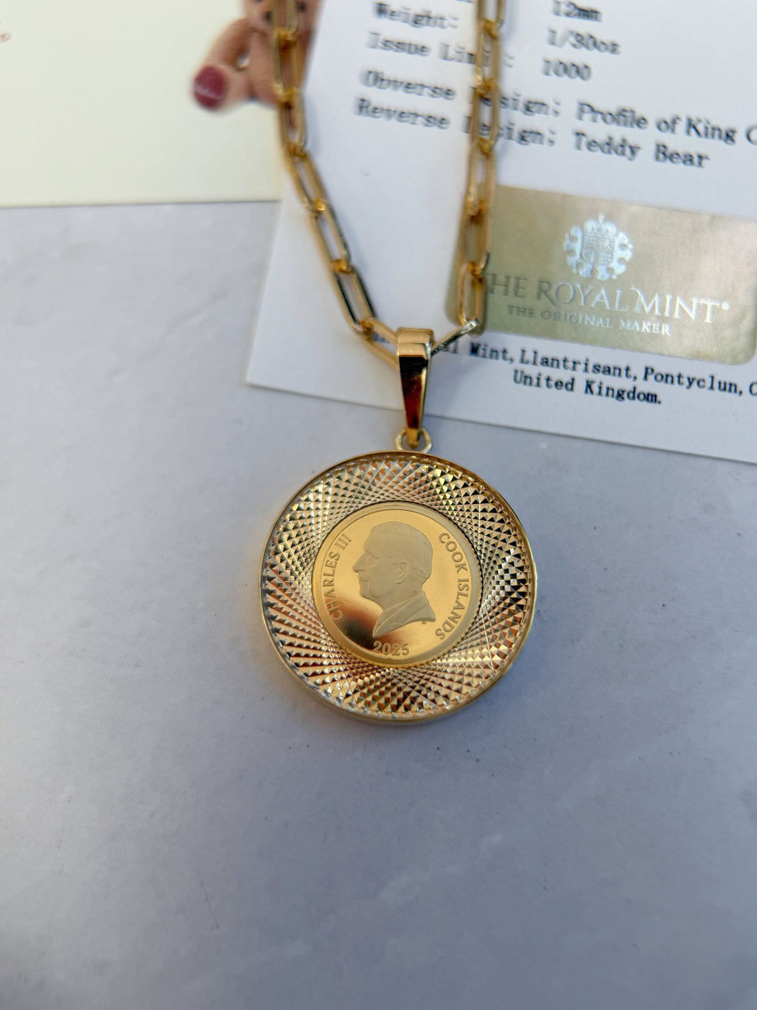 Royal Mint Teddy Bear 999.9 Fine Gold 12mm Coin Pendant Necklace, Limited Edition of 1000