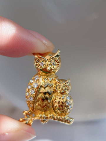 TASAKI Vintage K18 Yellow Gold Natural Diamond Owl Brooch