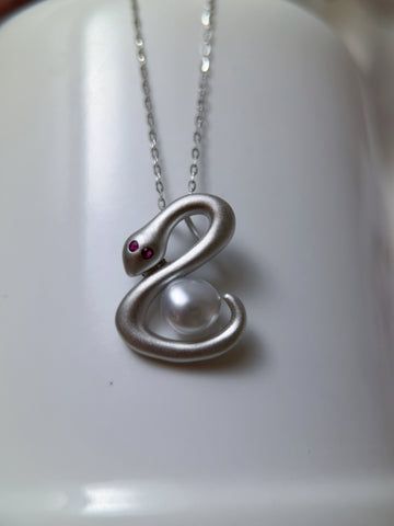 Silver White 6mm South Sea Keshi Pearl & Ruby Snake Pendant