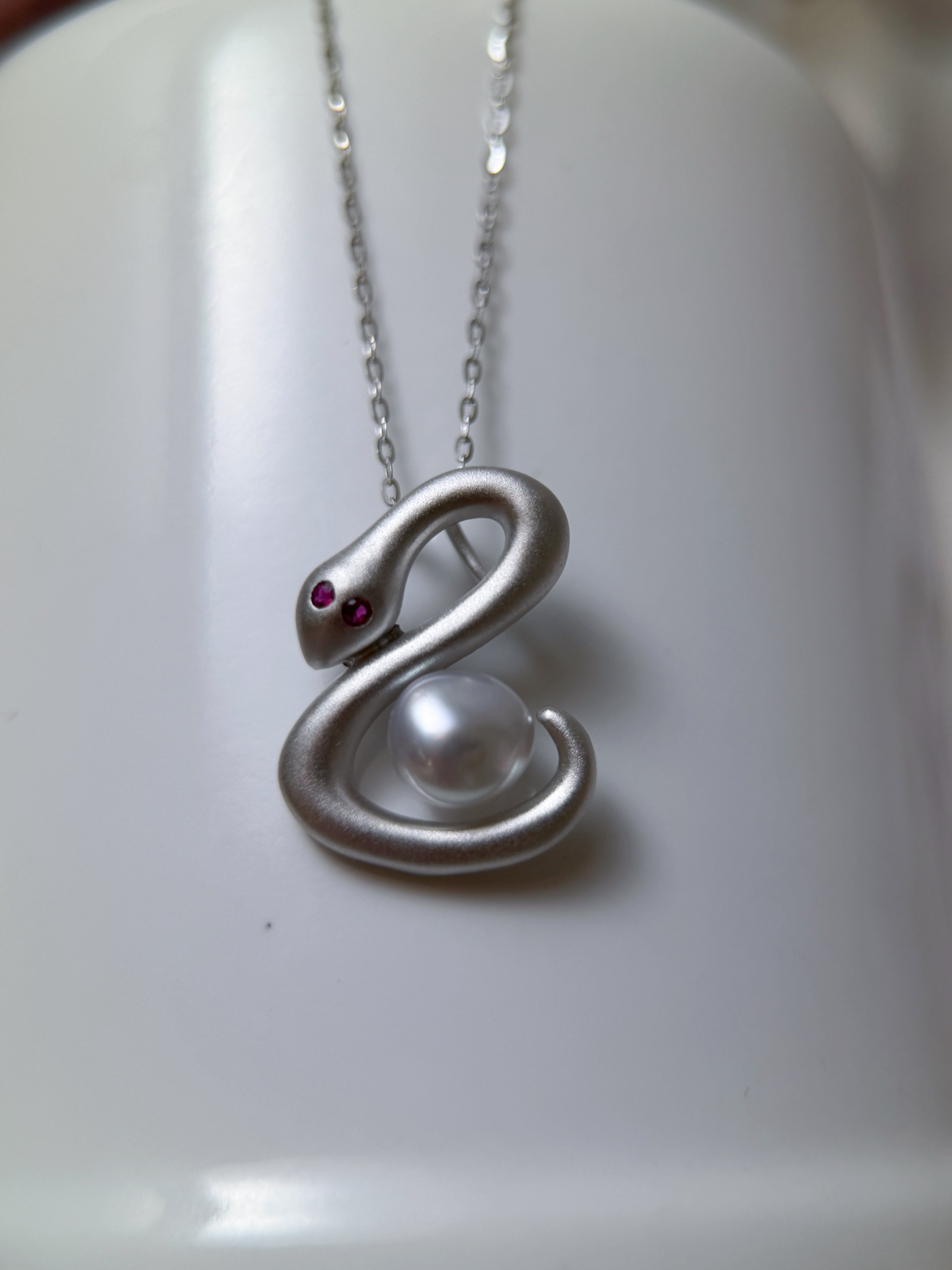 Silver White 6mm South Sea Keshi Pearl & Ruby Snake Pendant