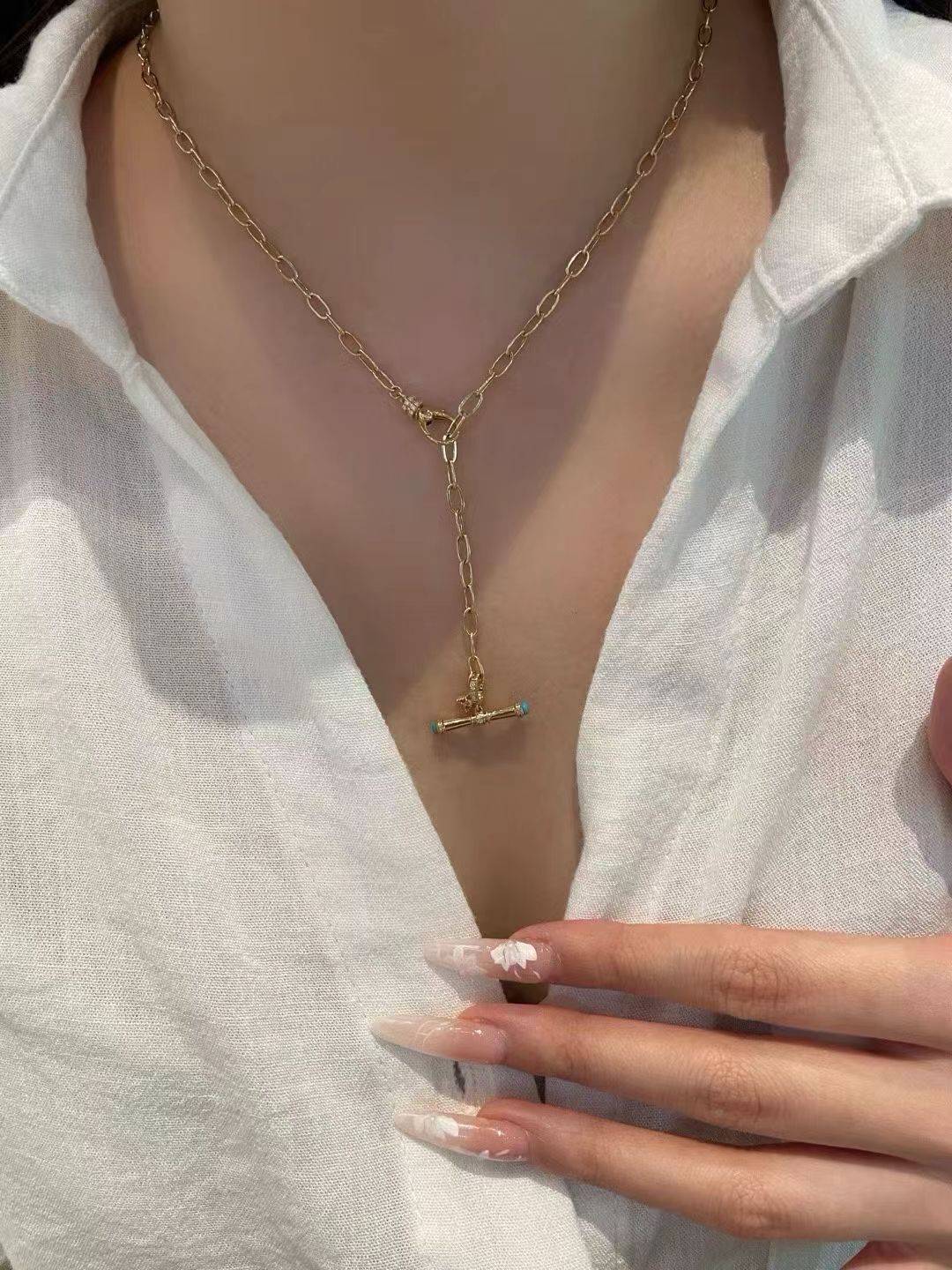 18K Solid Gold Turquoise T-Bar Balance Pendant（Only Pendant）
