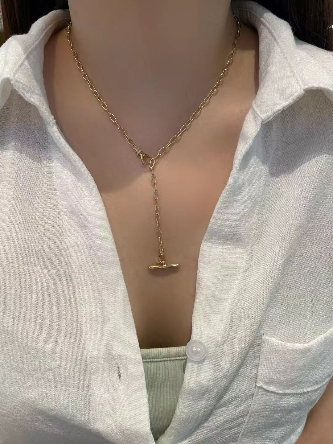18K Solid Gold Natural Diamond T-Bar Balance Pendant(Only Pandant)