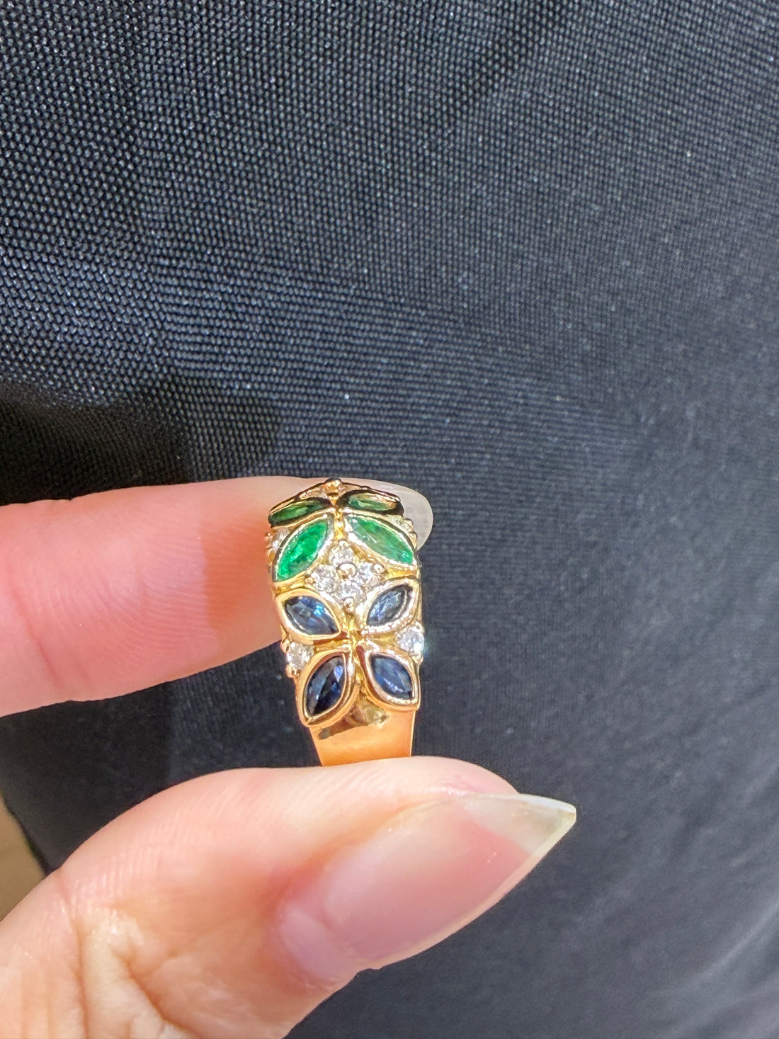 K18 Vintage Multicolor Gemstone & Diamond Floral Ring
