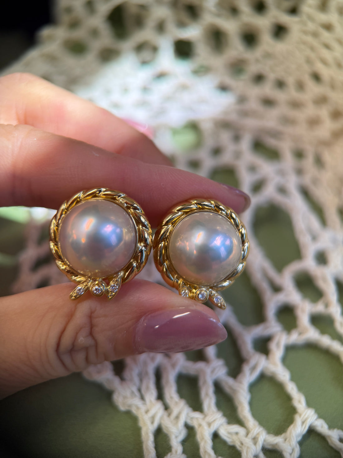 18K Yellow Gold Twisted Frame Mabe Pearl Earrings
