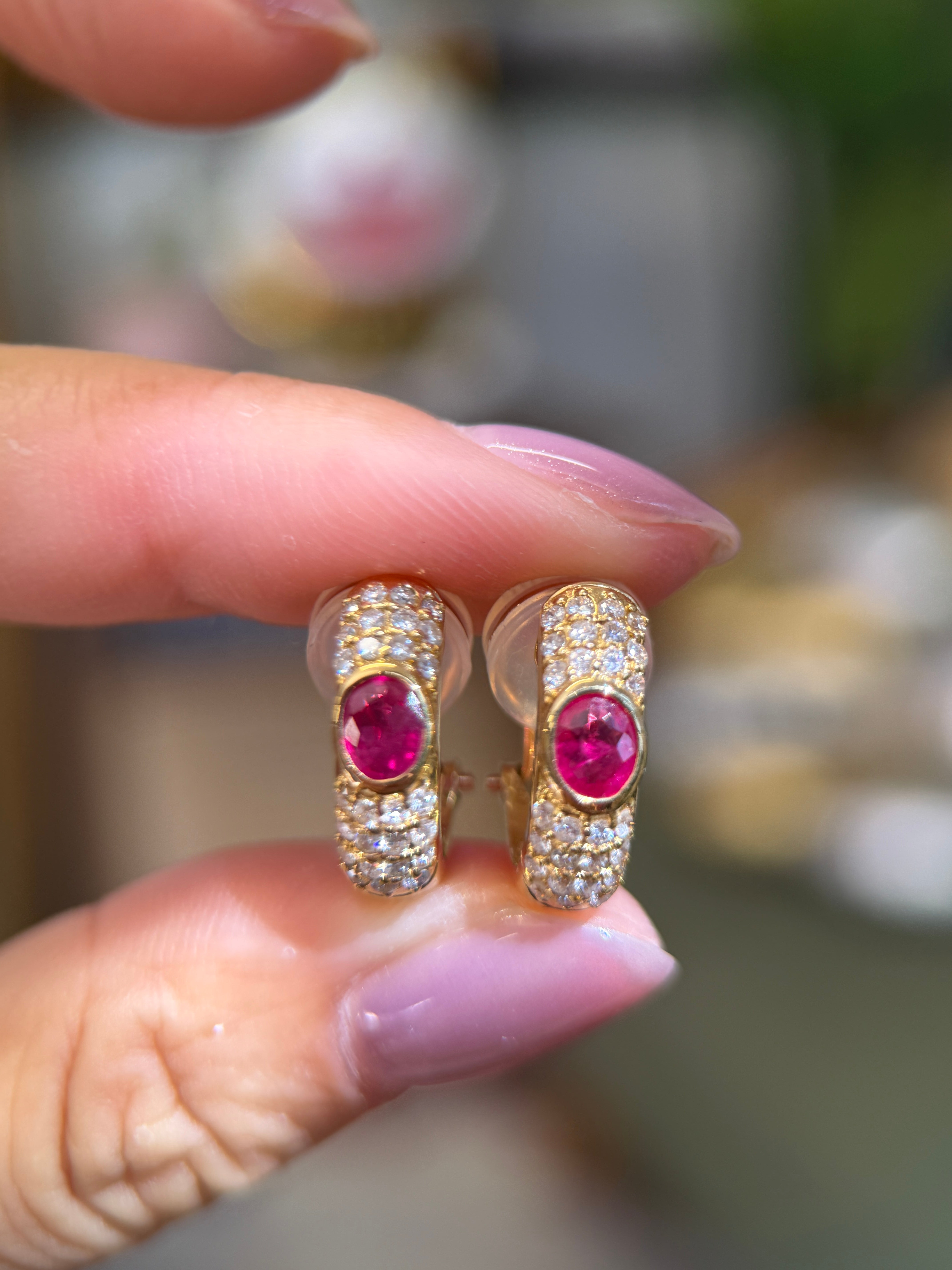 18K Yellow Gold Ruby Diamond Huggie Hoop Earrings