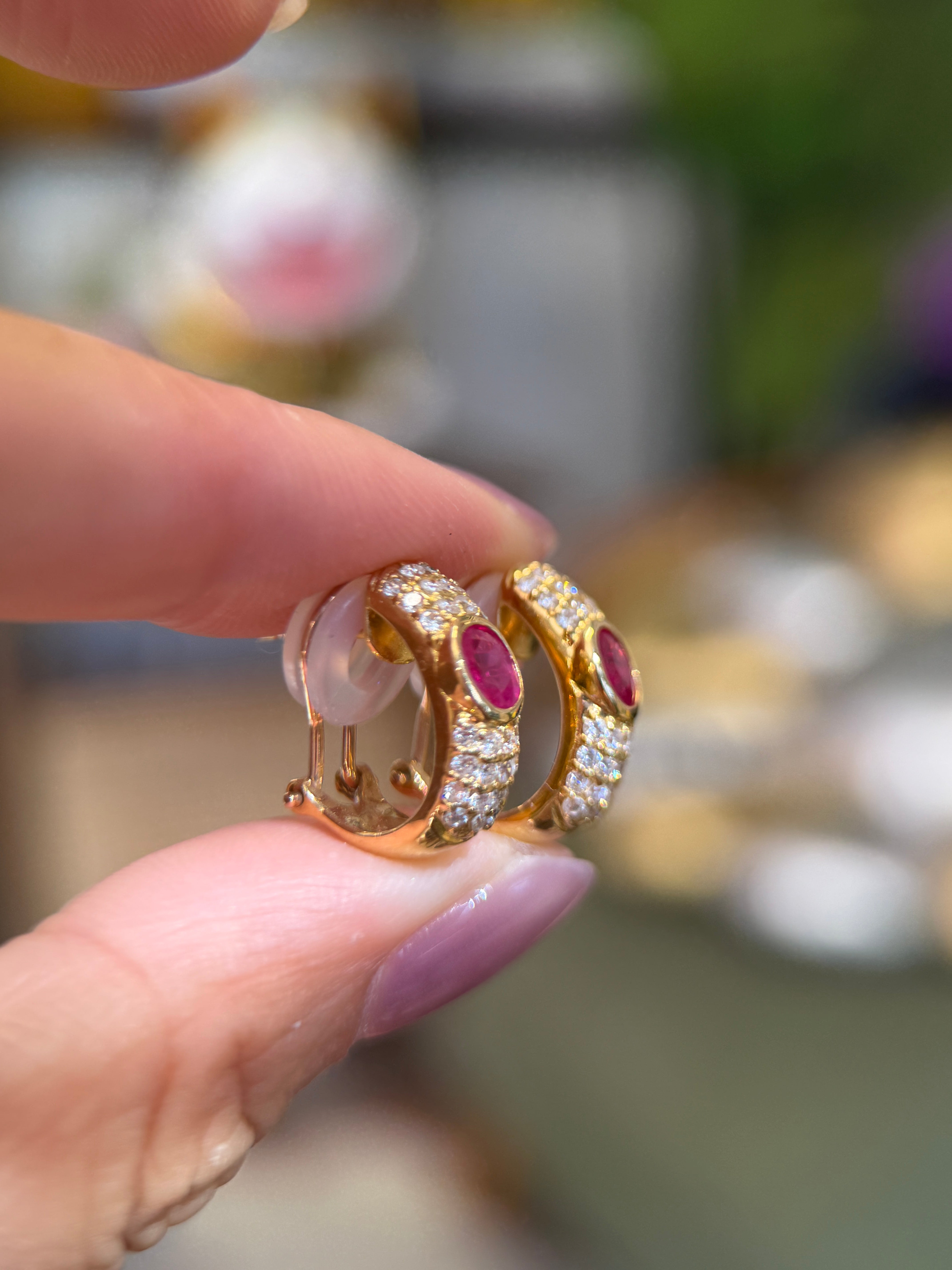 18K Yellow Gold Ruby Diamond Huggie Hoop Earrings