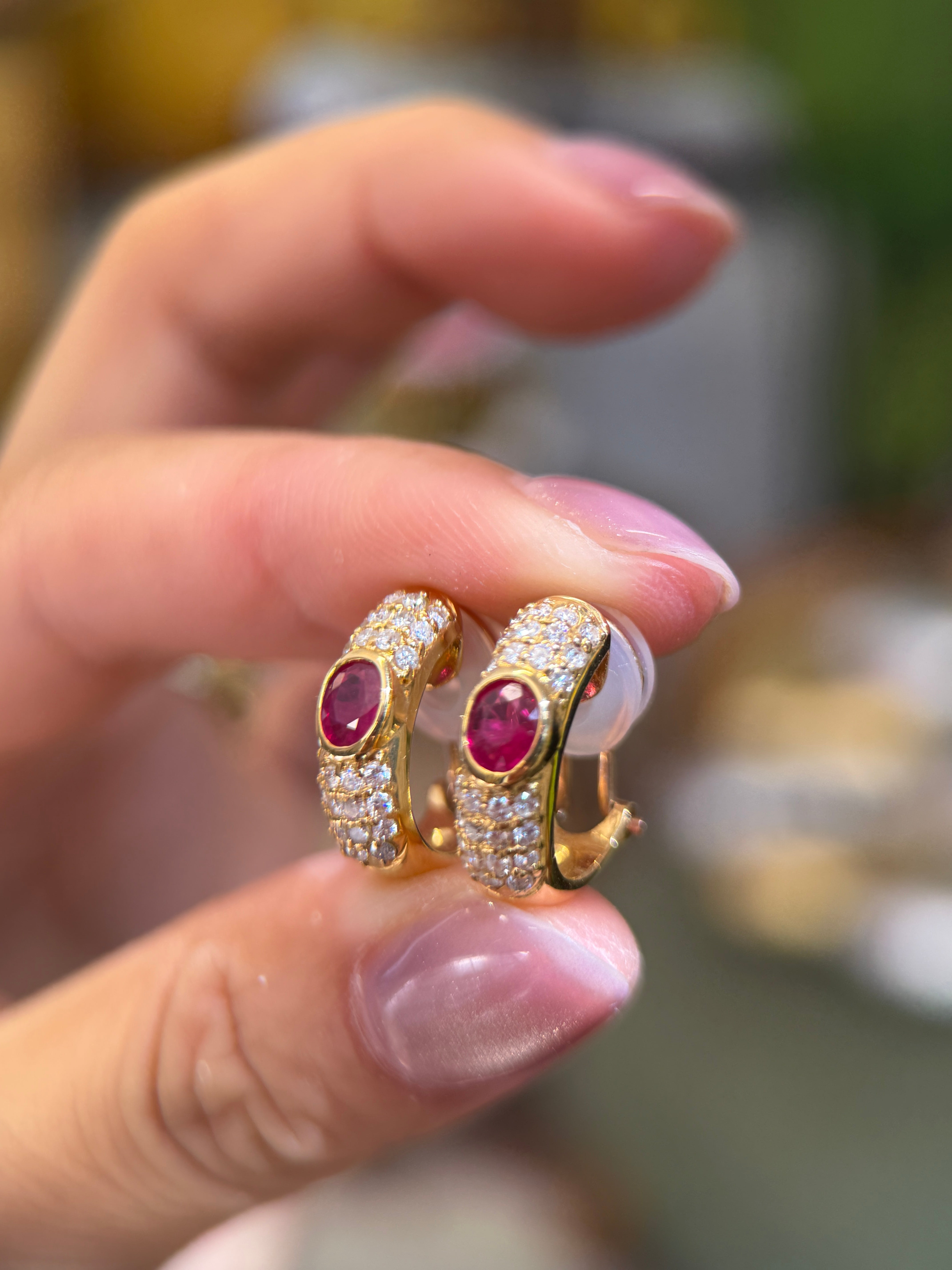 18K Yellow Gold Ruby Diamond Huggie Hoop Earrings