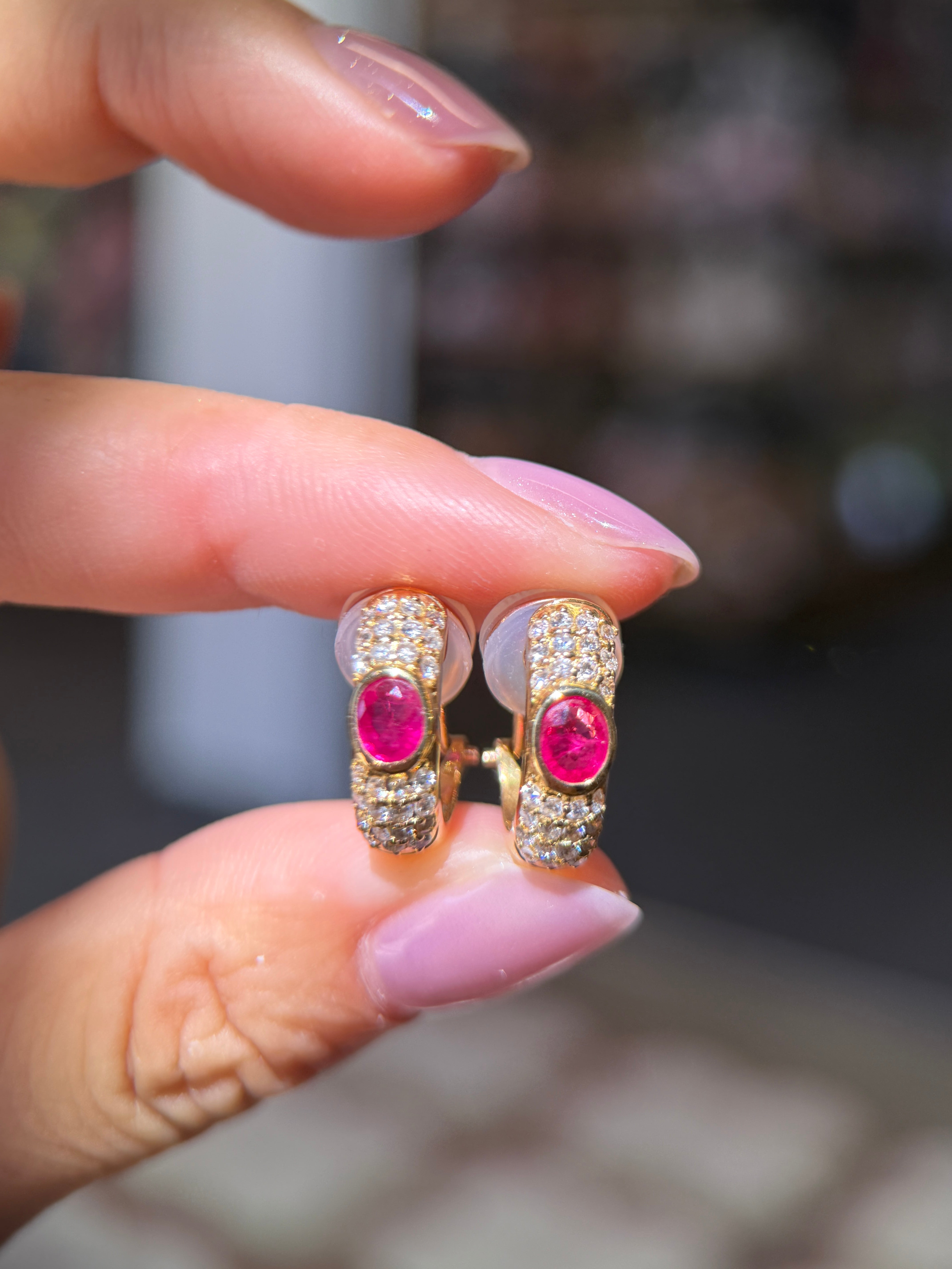 18K Yellow Gold Ruby Diamond Huggie Hoop Earrings