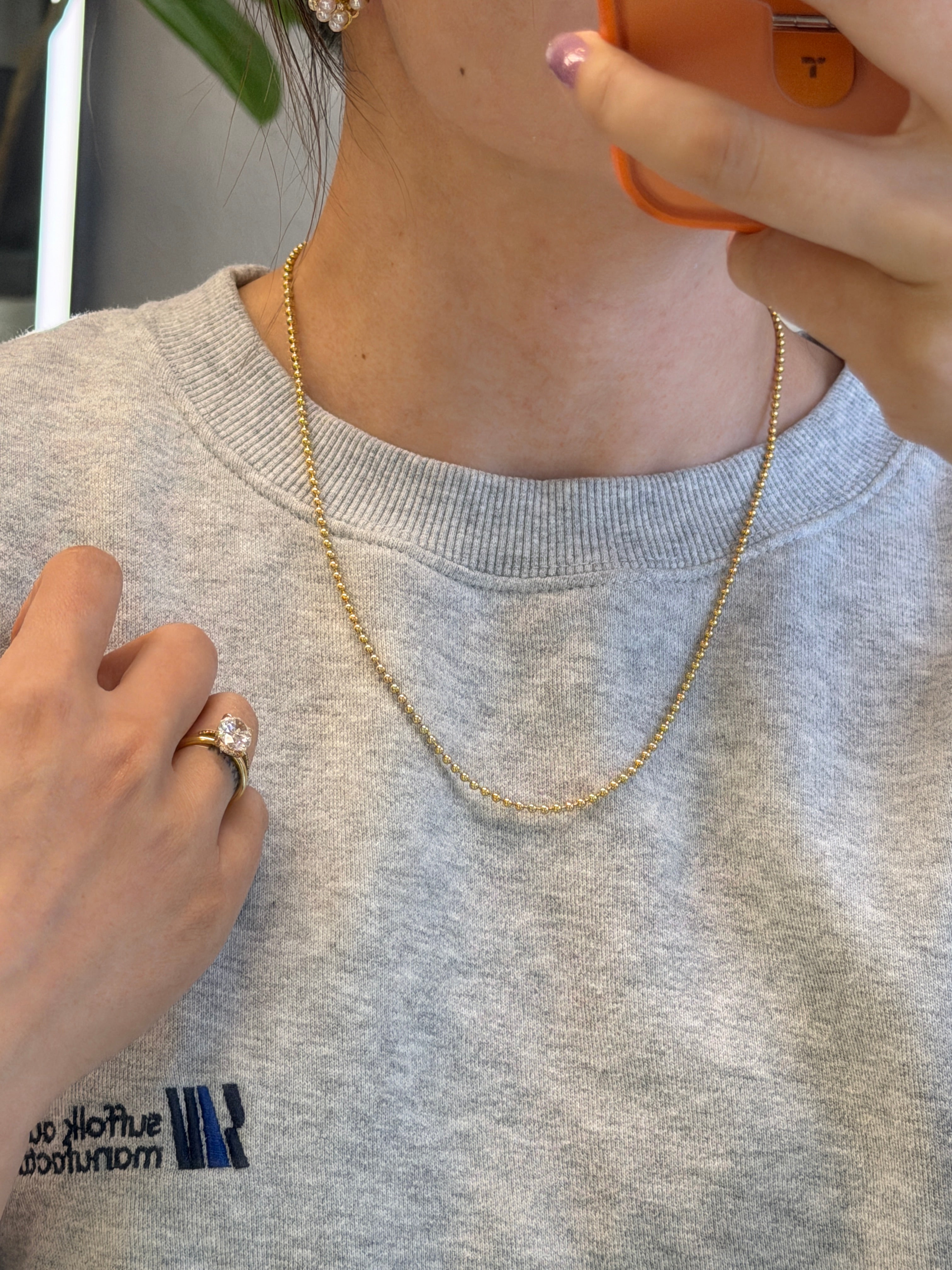 2.4mm 18K Yellow Gold Hollow Ball Chain Necklace 17.7 inchs