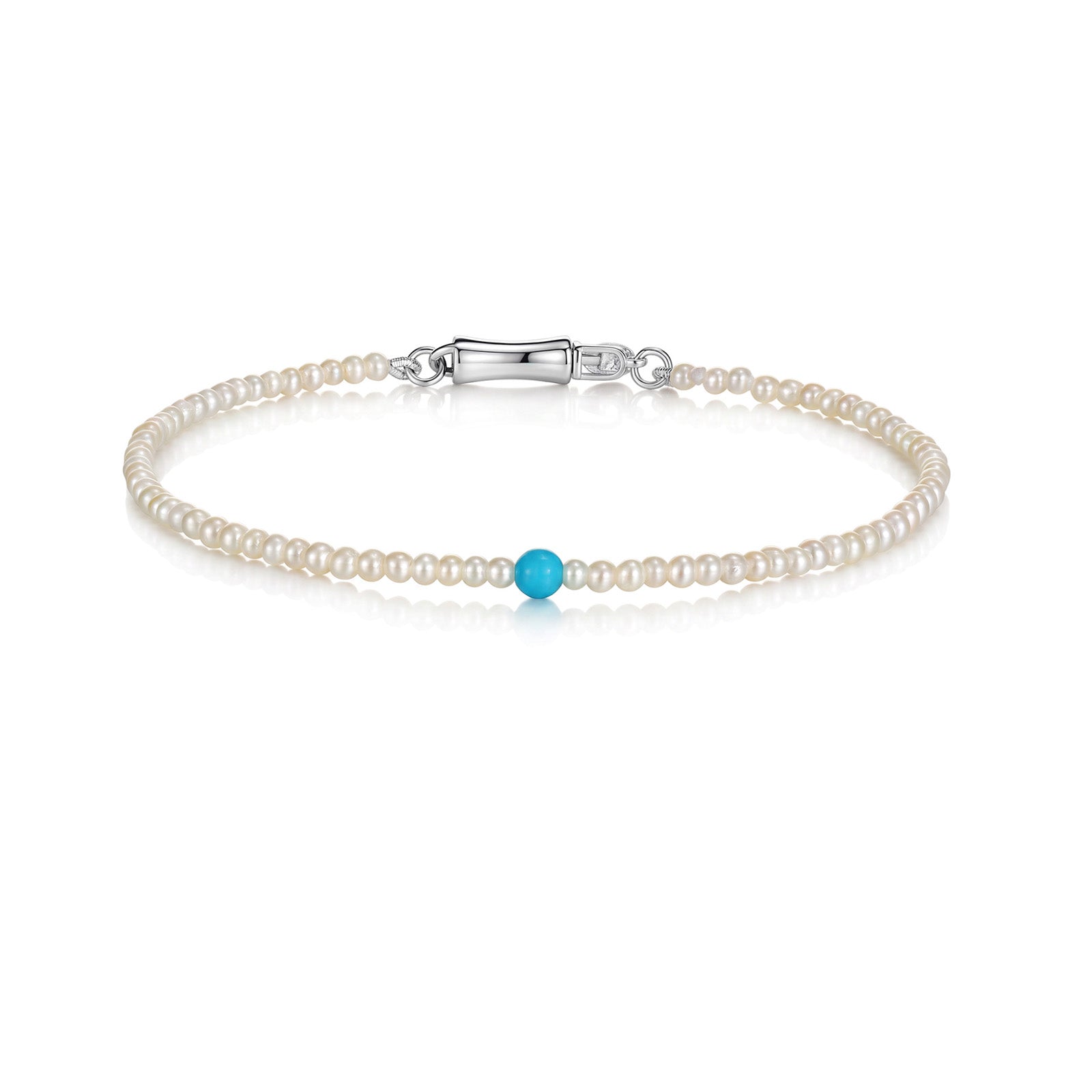 2.5mm Baby Akoya Pearl & 3mm Turquoise Bead Bracelet Silver