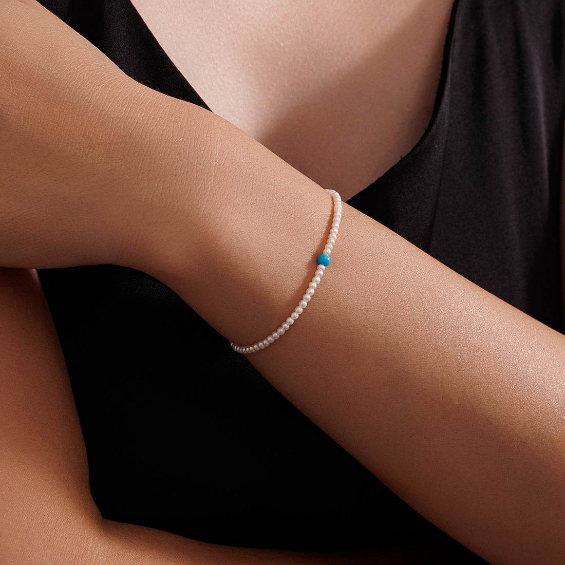 2.5mm Baby Akoya Pearl & 3mm Turquoise Bead Bracelet Silver