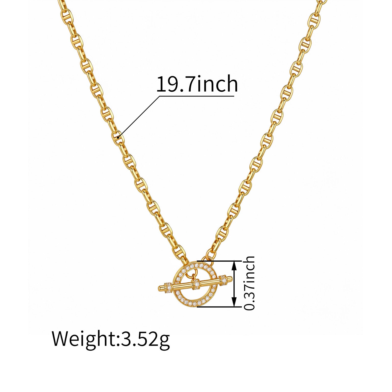 18K Solid Gold 2.3mm Textured Chain Necklace with Diamond Paved Pig Nose OT Toggle Clasp