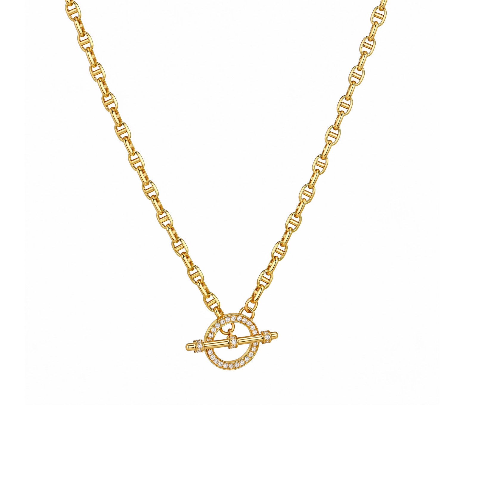18K Solid Gold 2.3mm Textured Chain Necklace with Diamond Paved Pig Nose OT Toggle Clasp