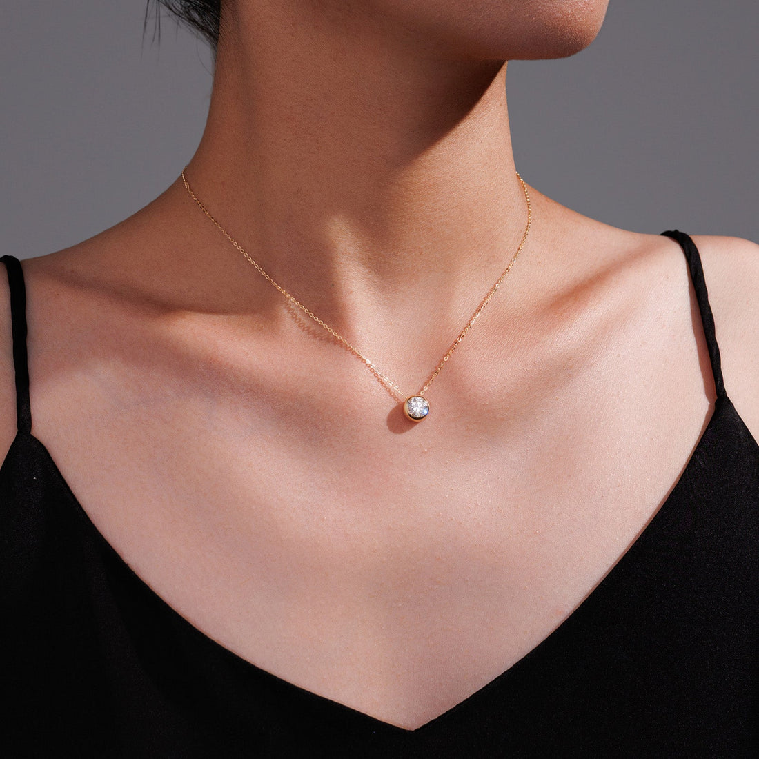 1CT Lab Grown Diamond Round Bezel Solitaire Necklace 14K